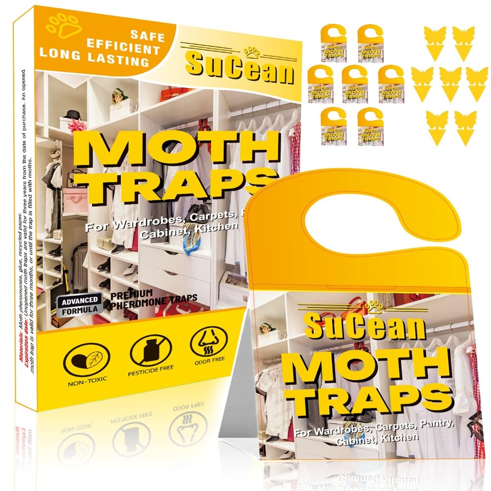 SuCean Moth Traps - 7 Premium Pheromone Moth Traps for Common Clothes, Carpet and Similar Moths with (7 Fruit Fly and Fungus Gnat Traps) | Non-Toxic for Wardrobes