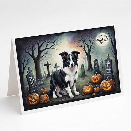 Caroline's Treasures DAC2018GCA7P - Tarjetas de felicitación y sobres de Halloween espeluznantes de Border Collie, paquete de 8 tarjetas en blanco