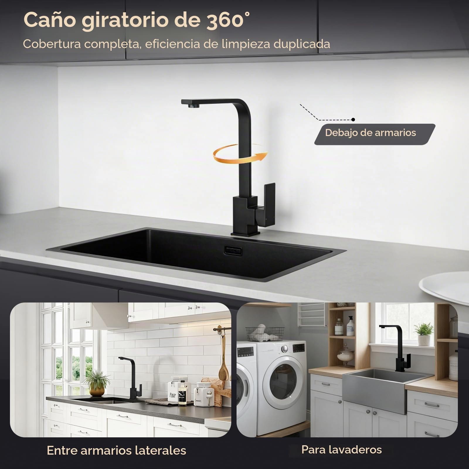 Peppermint Grifo de cocina cuadrado negro monobloque negro mate para grifos mezcladores de cocina, 1 agujero, grifo mezclador de fregadero de una sola palanca, grifo plano moderno para debajo de