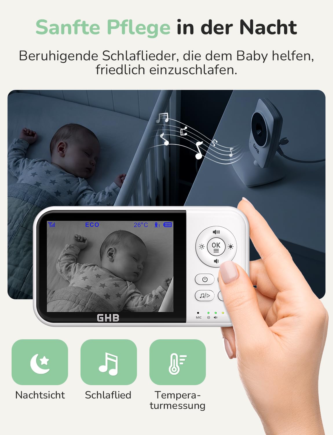 GHB Babyphone mit Kamera 3,2 Zoll LCD 2100 mAh Akku ECO Modus 60 Stunden 2X Zoom Gegensprechen Temperatursensor Nachtsicht