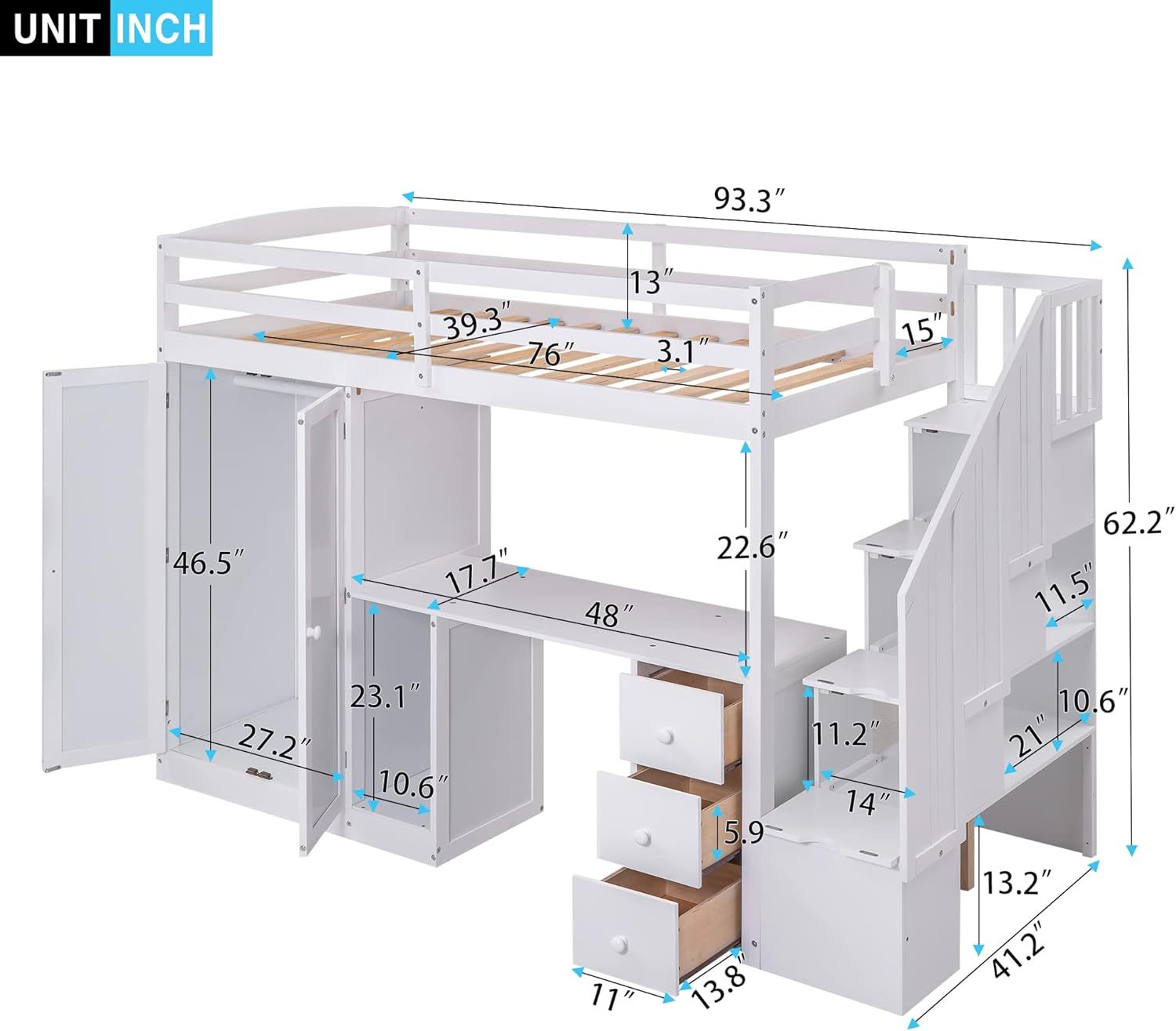BIADNBZ Loft Bed with closed wardrobe and desk