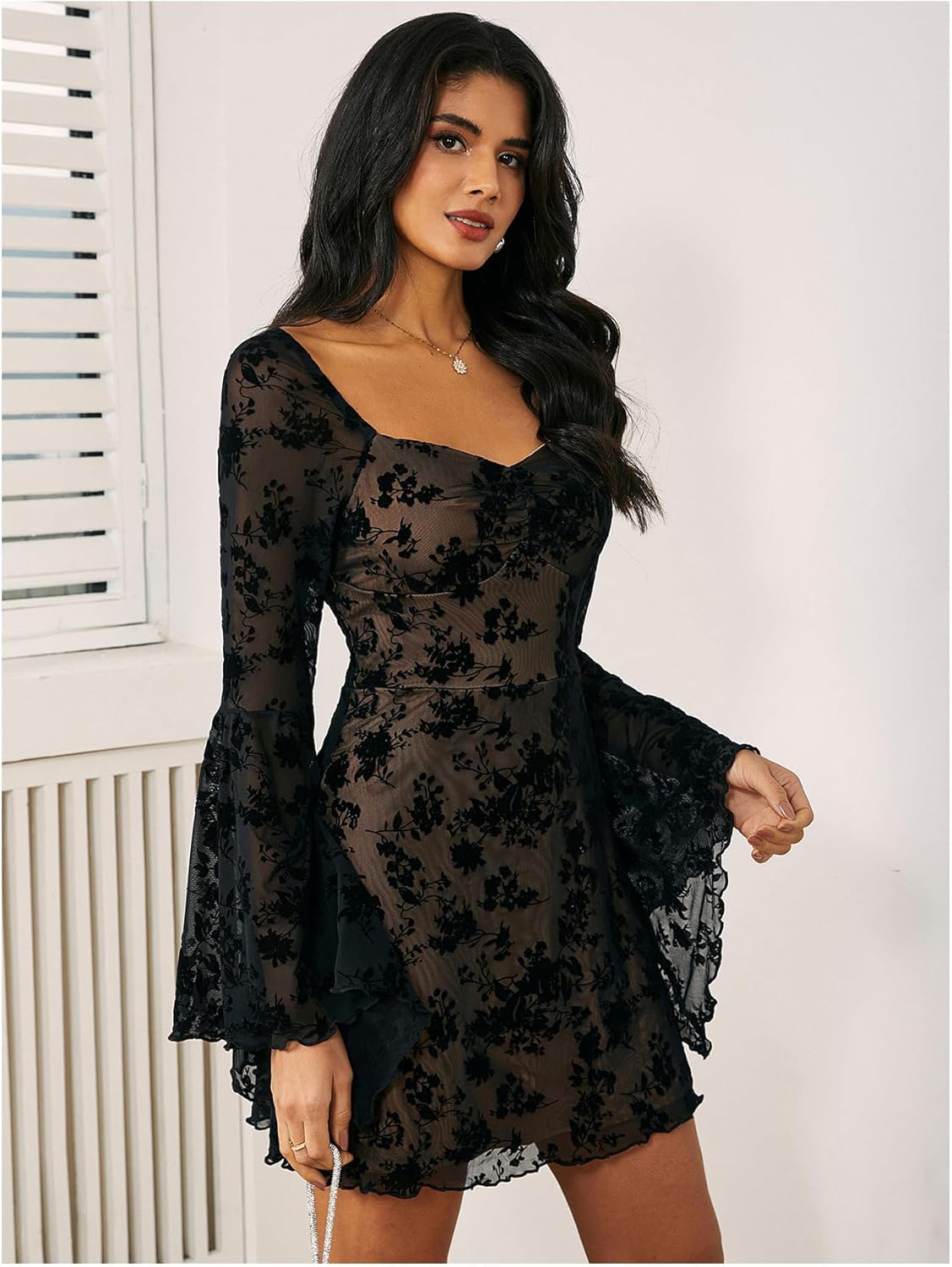 WDIRARA Women's Floral Jacquard Mesh Gothic Dress Bell Long Sleeve A Line Vintage Dresses - Image 4
