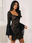 WDIRARA Women's Floral Print Mesh Gothic Dress Square Neck Bell Sleeve A Line Vintage Dresses