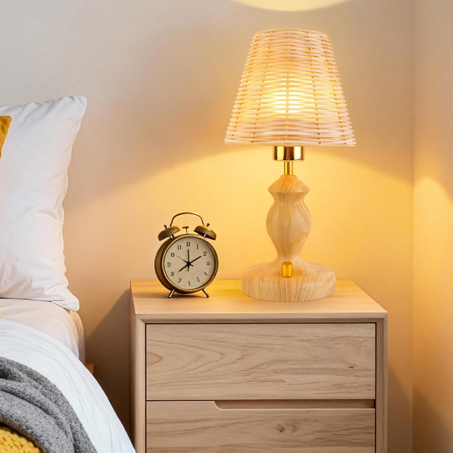 Rattan Table Lamp with Knob Switch, Seamless Dimming Bedside Lamp Wood Base, Small Nightstand Lamp for Bedroom, E26 Bulb Included
