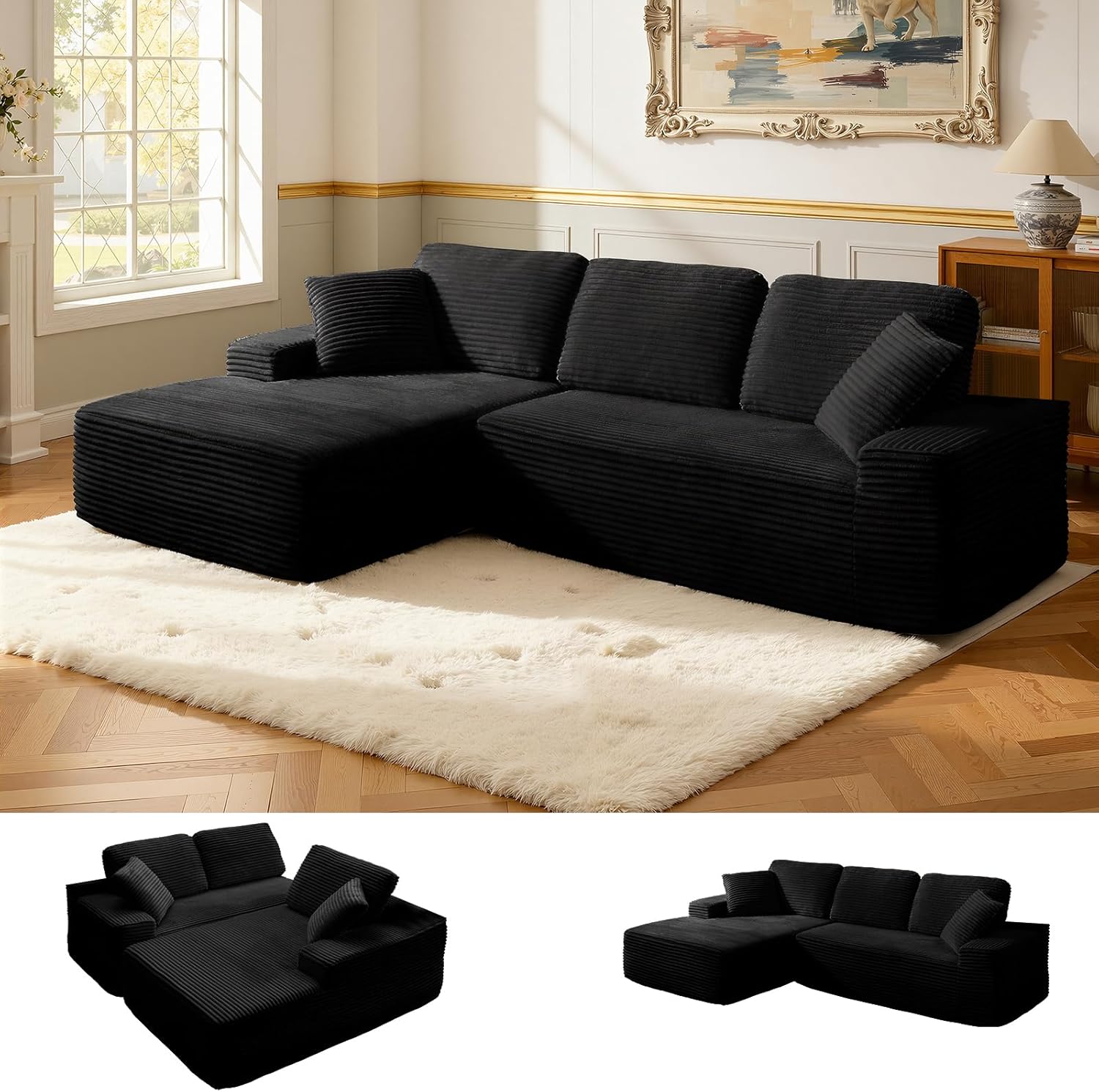 109.4” Modular Sectional Sofa, Convertible Sofa Bed, No Assembly Required Cloud Couch with Deep Seat, Modern L-Shaped Boneless Sofa for Living Room (Black)