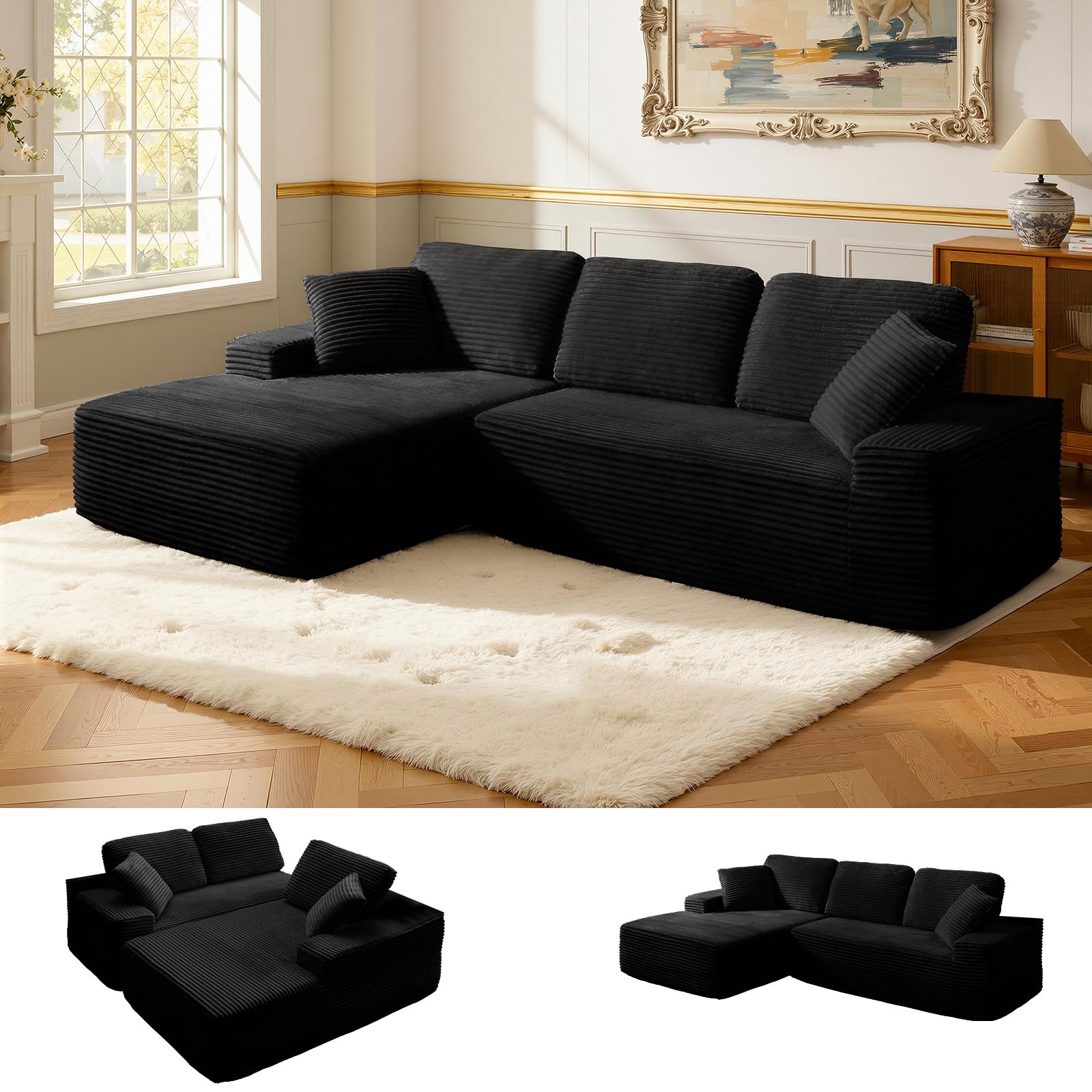 Modular Sectional Sofa, Convertible Sofa Bed, No Assembly Required Cloud Couch with Deep Seat, Modern L-Shaped Boneless Sofa for Living Room (Black)