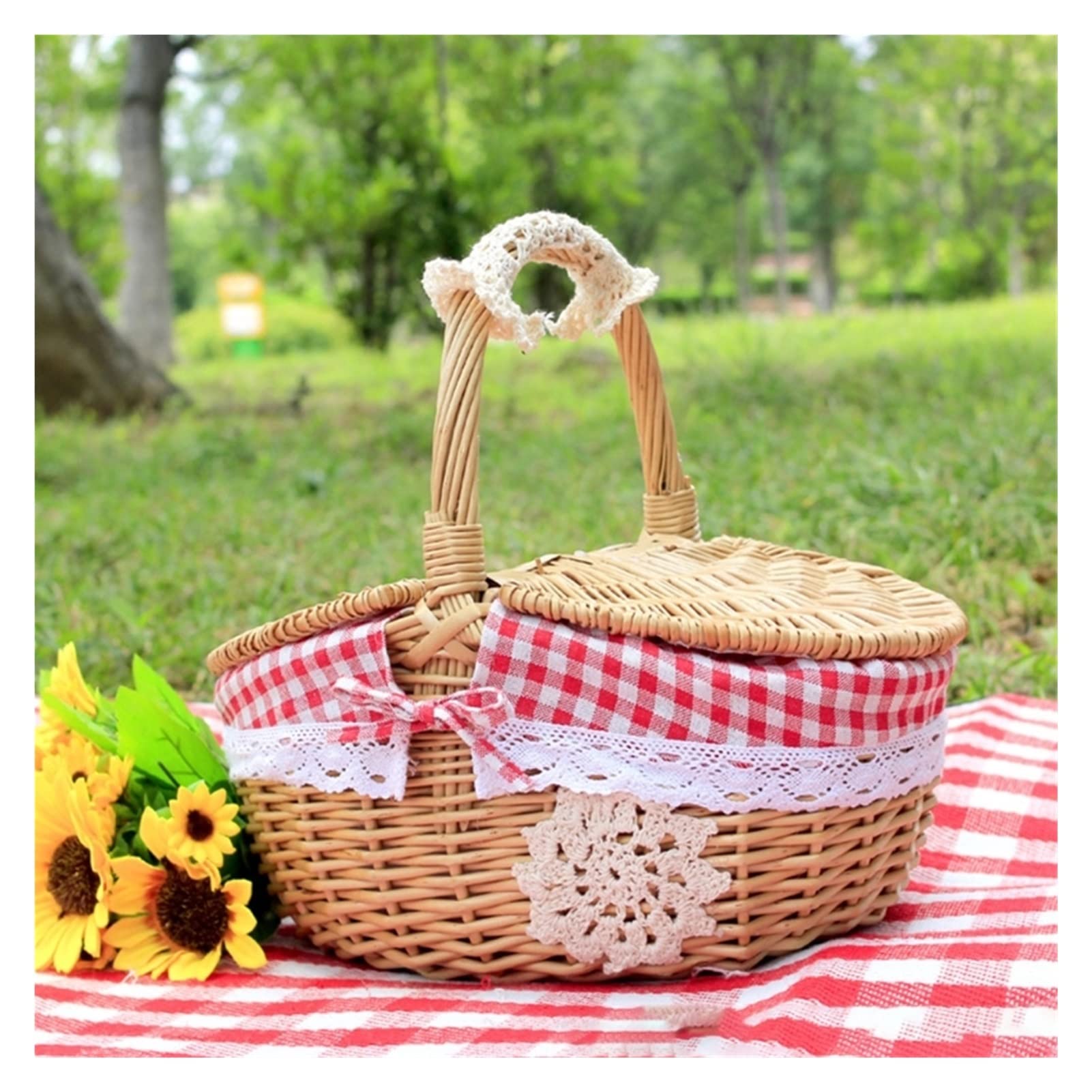 Outdoor Picnic Basket Styl Country z pokrywką i uchwyt Wyściełany Przechowywanie (Color : Blue)