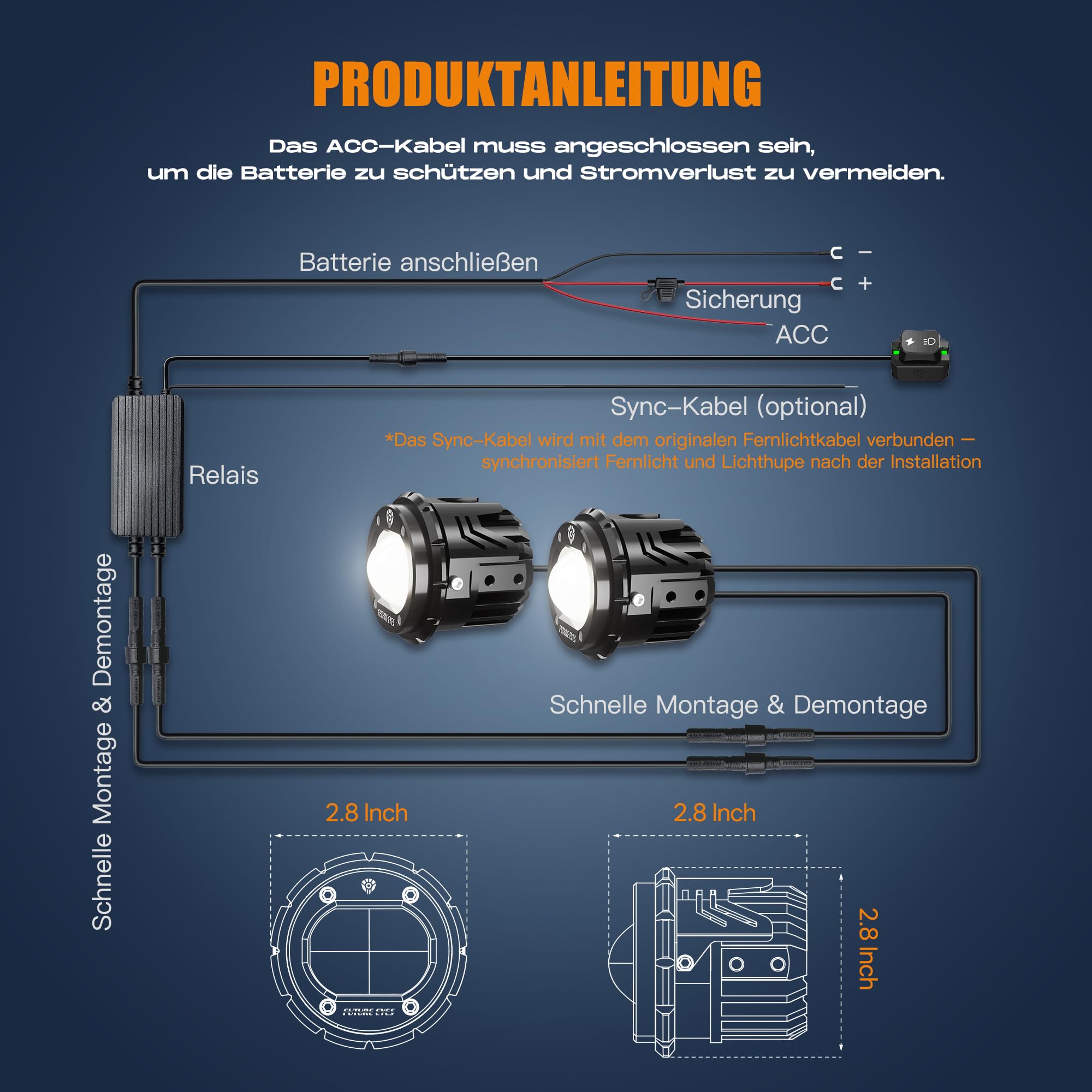 Future Eyes Motorrad LED Nebelscheinwerfer, 60W Zusatzscheinwerfer mit 360° Schwenkfunktion, Fern-/Abblendlicht, Wasserdichte Fahrlichter für Nachtfahrten, ATV, UTV und Motorrad-Scheinwerfer