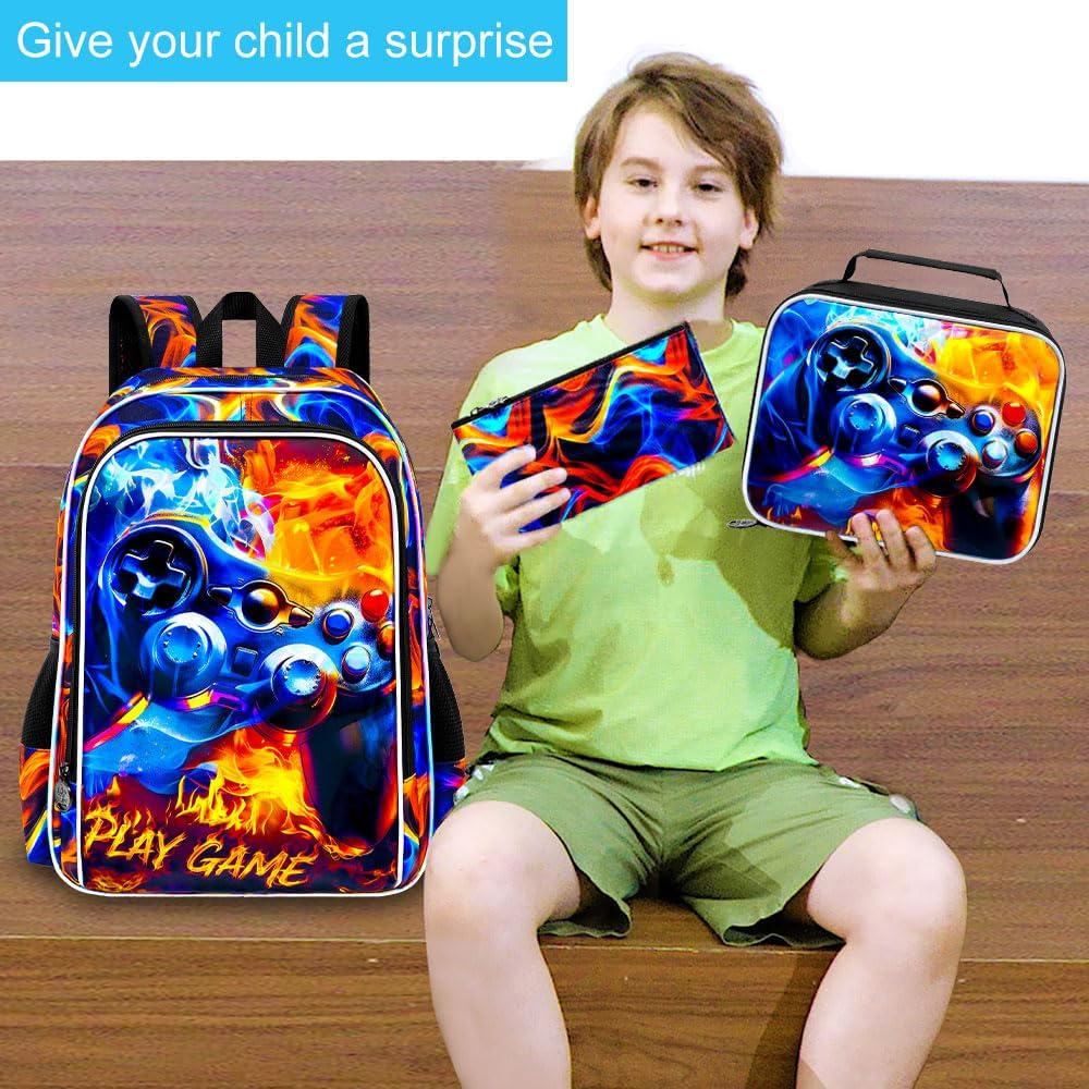 UFNDC 3PCS Backpack Set for Boys Kids, Game School Bag with Fire Bookbag and Lunch Box, 17 Inch Water Resistant for Elementary Middle Teenagers