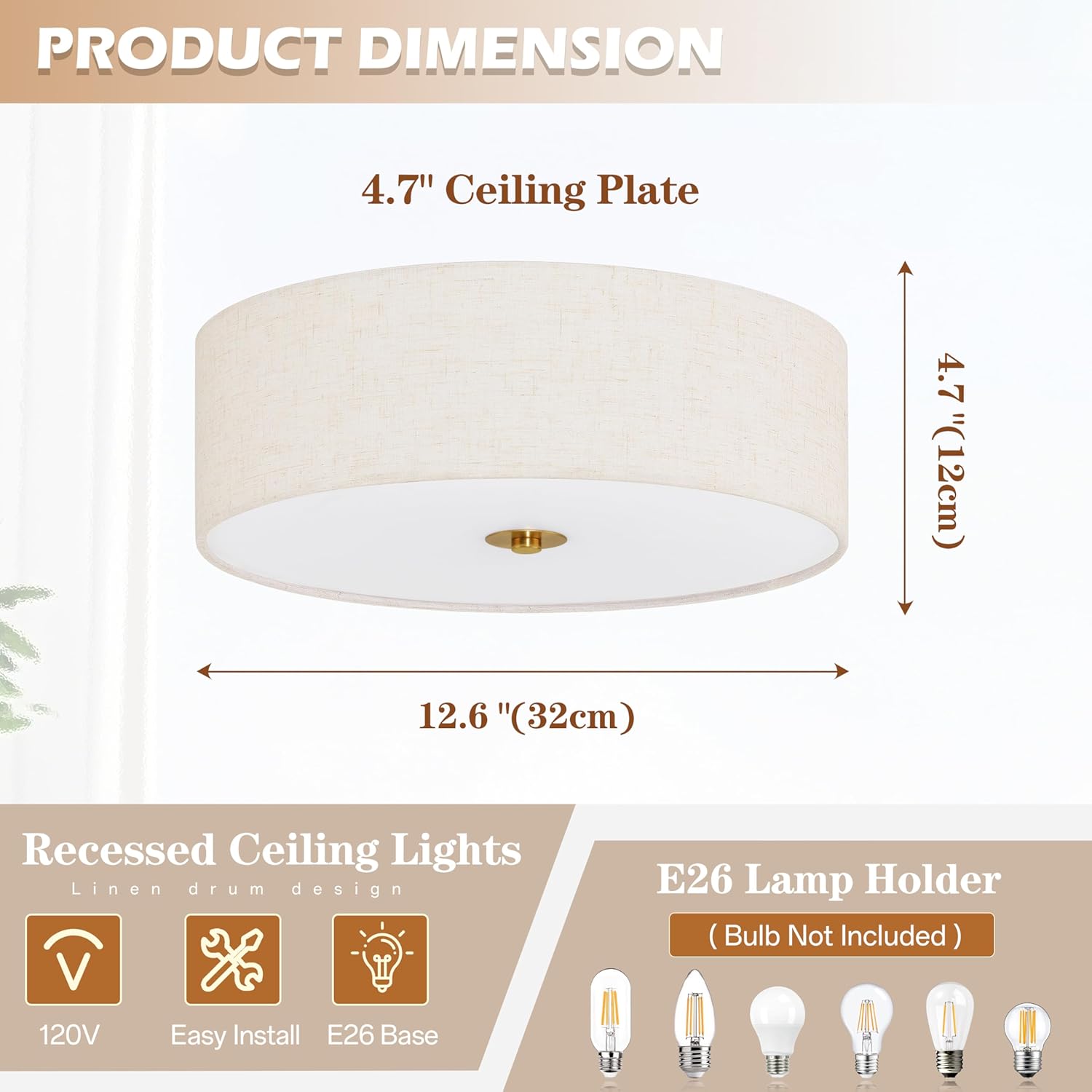 Bagood 12.6 Inch Flush Mount Ceiling Light 2-Light Drum Modern Gold Light Fixture Ceiling Light Fixture Close to Ceiling Light Fixture with Fabric Shade for Living Room Hallway Kitchen Bedroom