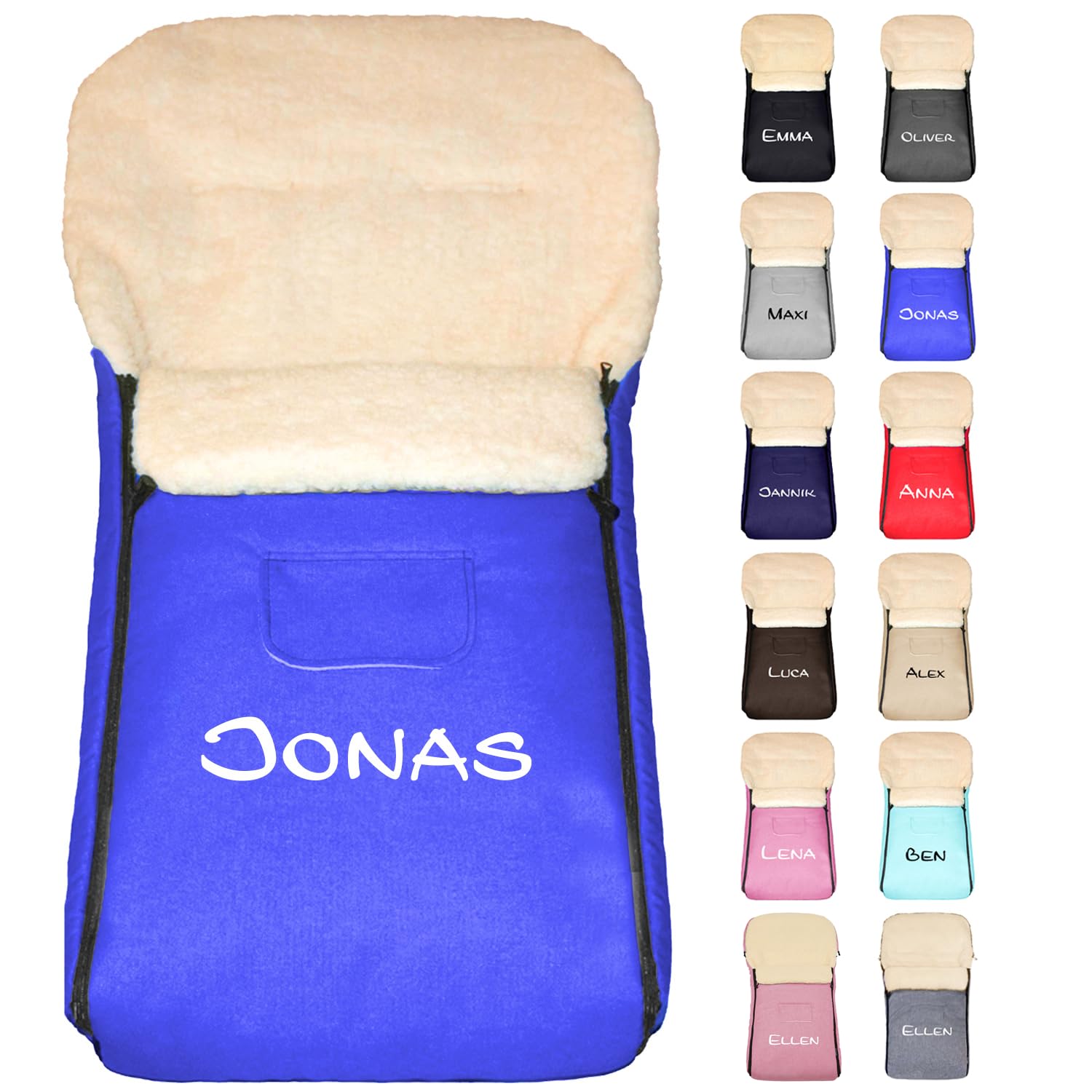Baby-Joy Fußsack KAI 105 cm filzfrei aus Lammwolle und Polyester, personalisiert mit Name, für Buggy, Kinderwagen und Schlitten, Thermofußsack, Super-Wash | Farbe: 04 Blau