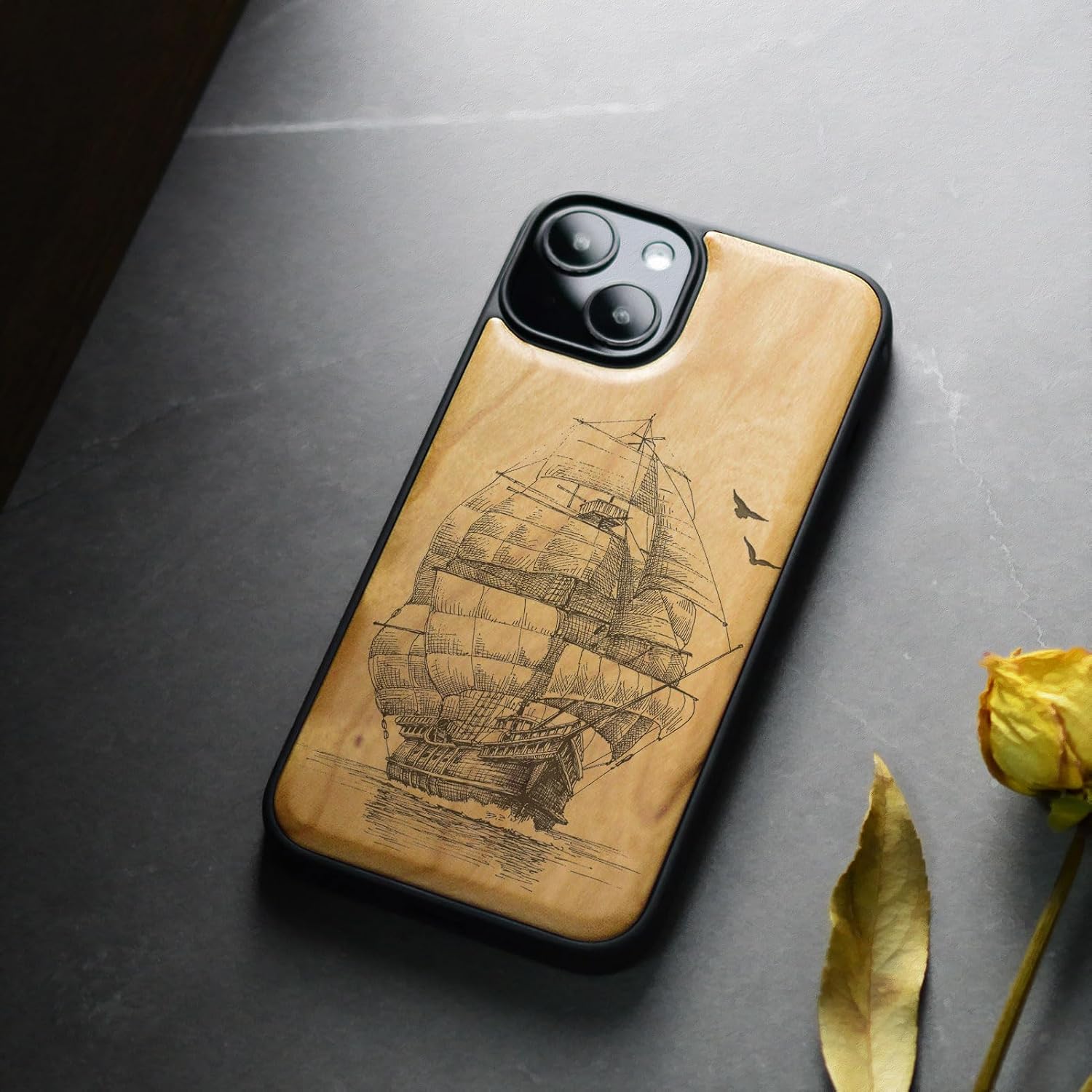 Carveit Magnetic Wooden Case for iPhone 15 Case, Compatible with MagSafe Wireless Chargers, Black Soft TPU Shockproof Cover & Wood Artisan Engraved (Sailboat on The Sea) - Cherry