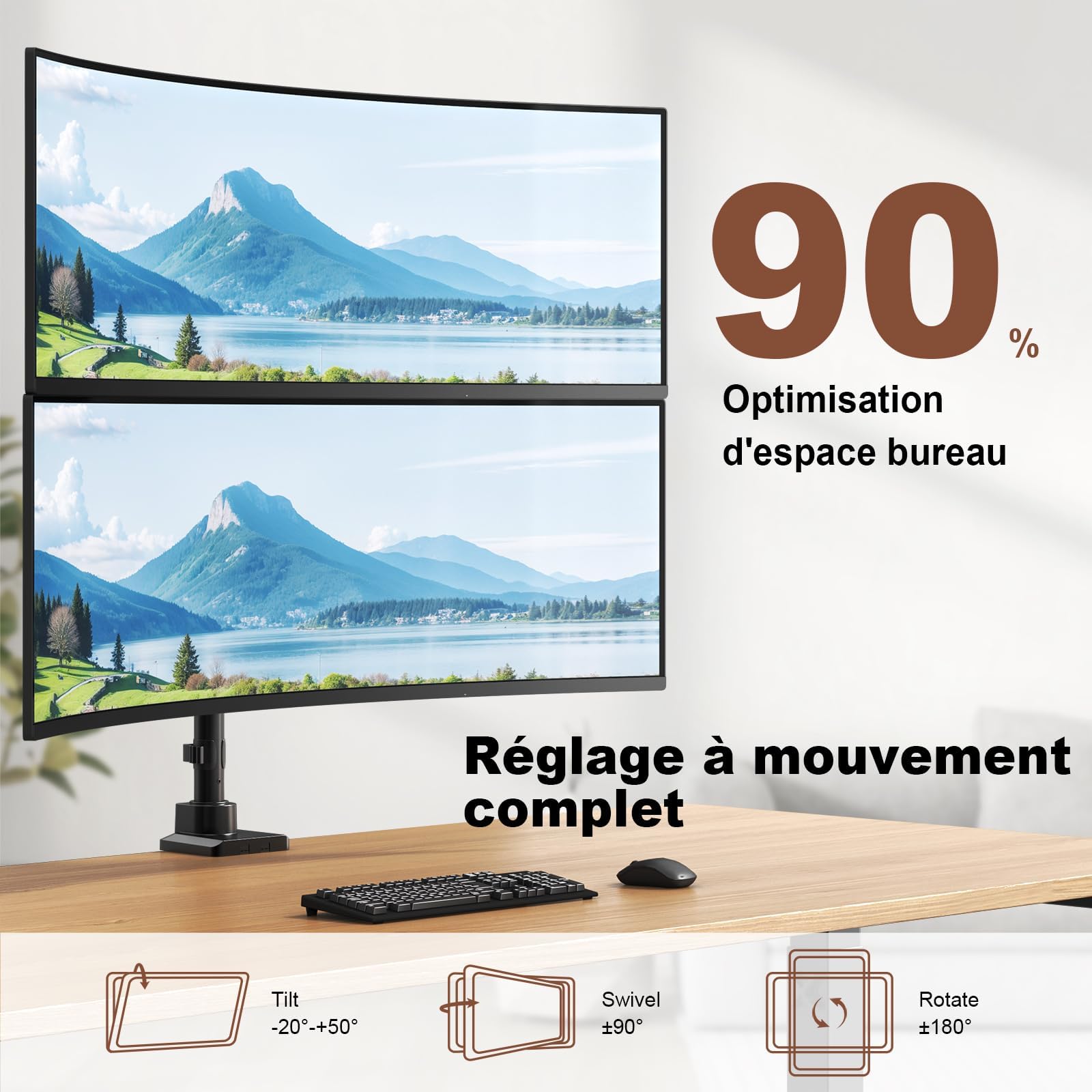 PUTORSEN Support Ecran pour 2 Moniteurs de 17 à 49 Pouces - Jusqu'à 20 kg par Bras, Fixation de Bureau Extra-Longue réglable en Hauteur et pivotante pour Une ergonomie optimale, VESA 75/100 mm