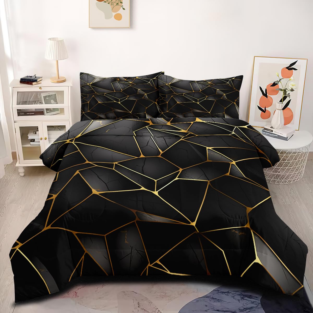 CCoutueChen Geometric Comforter Set King Size Black Marble Bedding Set Triangles Foil Metallic Print Comforter for Men Teens Boys 3Pcs Soft Summer Lightweight Bed Set