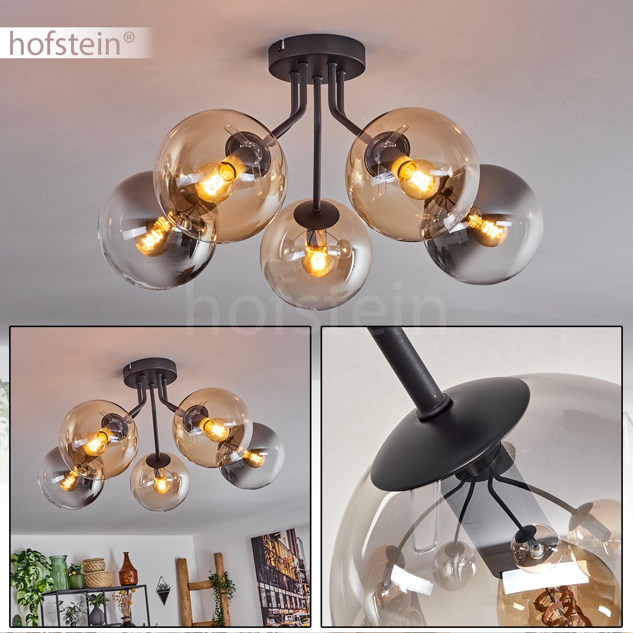 Plafoniera Gastor, lampada da soffitto in metallo/vetro nero/ambra/trasparente/fumo/trasparente, design retrò/vintage con ombrelli in vetro (Ø 15 cm), 5 lampadine E27, senza lampadina
