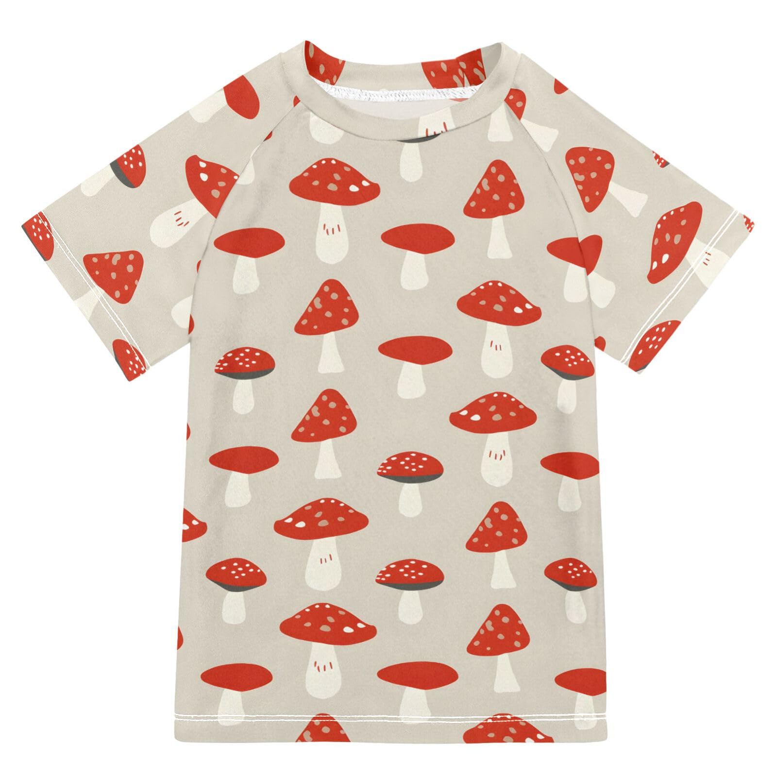 ALAZA Kids Rash Guard Boys Toddler Swim Shirts Short Sleeve Red Mushrooms UPF 50+ 3T