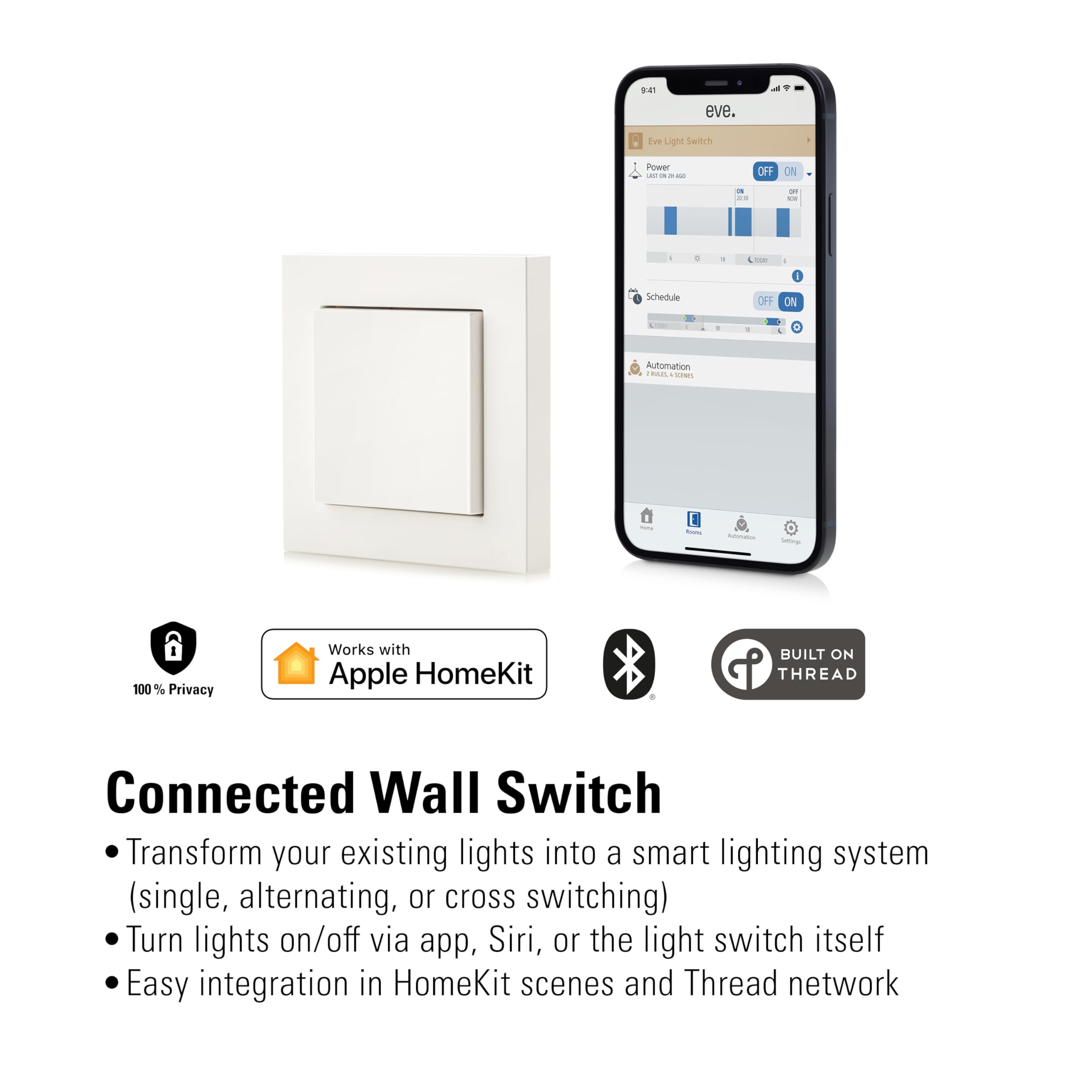Eve Light Switch – Interruptor de pared inteligente (Apple HomeKit), interruptor individual, pulsador y conmutadores, horarios automáticos, no requiere pasarela, Bluetooth/Thread