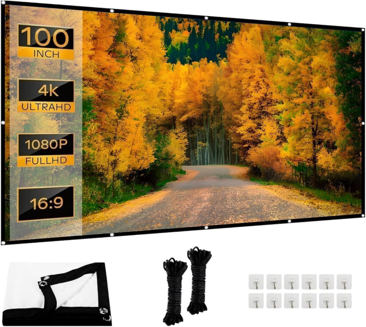 Leinwand Beamer 100 Zoll, 16:9 HD Projektionsleinwand 220 × 124 cm, faltbar & knitterarm, tragbare Beamer Leinwand für Heimkino, Garten, Camping und Büro