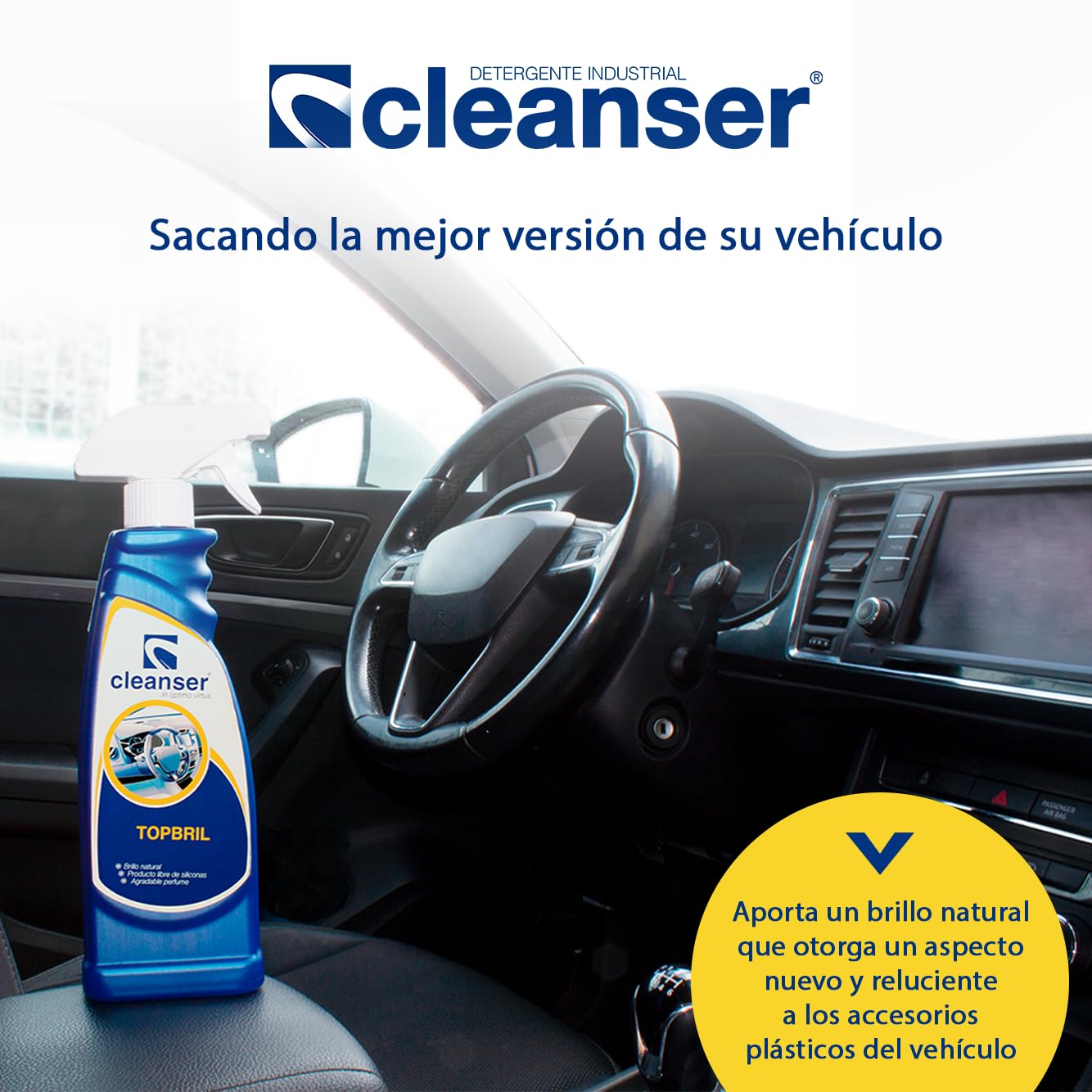 Cleanser. TopBril Abrillantador polivinilos y sintéticos no siliconado. | Abrillanta y renueva plásticos | Agradable Perfume | Sin Silicona (14x500mL)