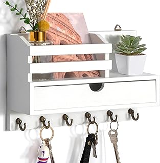 Key Holder Wall Mount, Mail Organizer with 6 Hooks and Storage Drawer