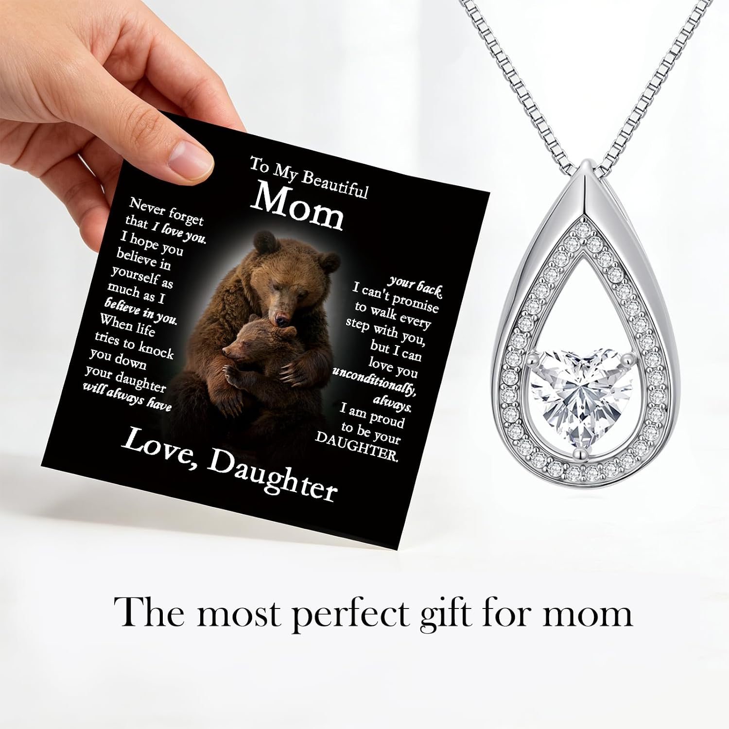 POIUY To My Beautiful Mom Necklace from Daughter – 18K White Gold Pendant with Message Card and Gift Box, Meaningful Jewelry Gifts for Birthday, Mothers Day, or Christmas