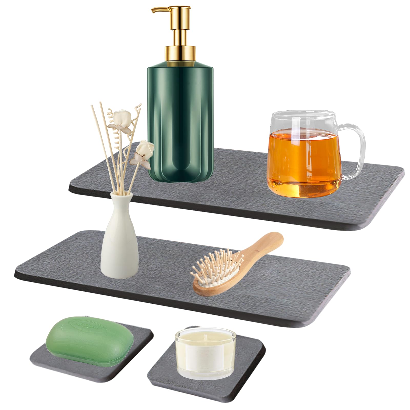 4 Stück Wasserabsorbierendes Steintablett für Spüle, Kieselgur Untersetzer, Sofort Schnell Trockenmatte für die Küchentheke, rutschfeste Diatomit Mundwasserbecher-Untersetzer für Schwämme, Bürsten