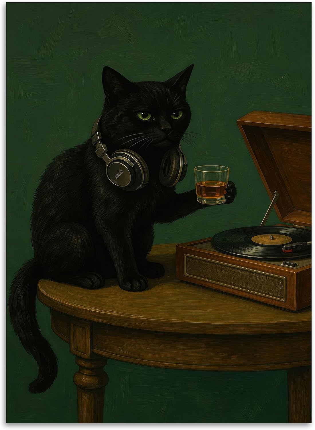 Funny Black Cat Canvas Wall Art, Cute Cat With Headphones & Whiskey Poster, Cool Vinyl Record Musical Room Print, Trendy Music Bar Cart Bedroom Kitten Wall Decor 12x16in Unframed