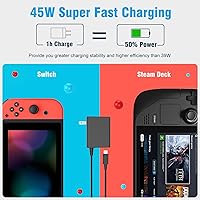 Vista 7 de Cargador para Nintendo Switch, adaptador de corriente alterna MARSDOCK de 45 W para Switch, carga rápida de 15 V 2.6 A con cable USB C de 10 pies