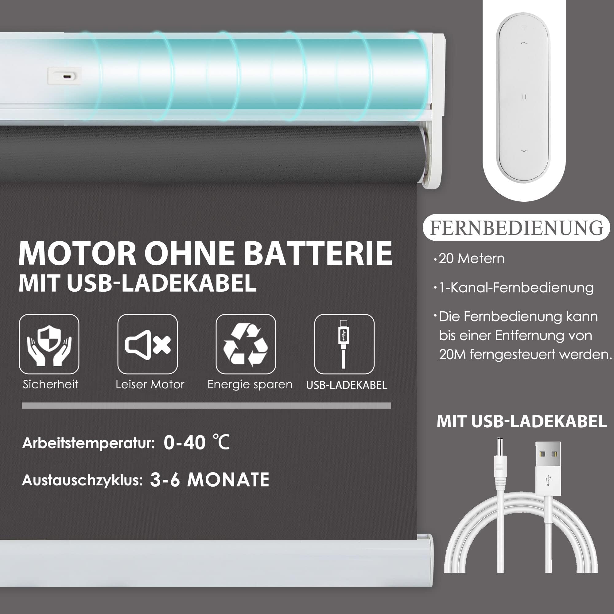HOMEDEMO Elektrische Rollos Wiederaufladbare Verdunklungsrollo mit Motor & Fernbedienung, Dunkelgrau 45x100cm(BxH), Rollo Innen ohne Bohren klemmfix/mit Bohren, Smart Rollo mit Alexa kompatibel