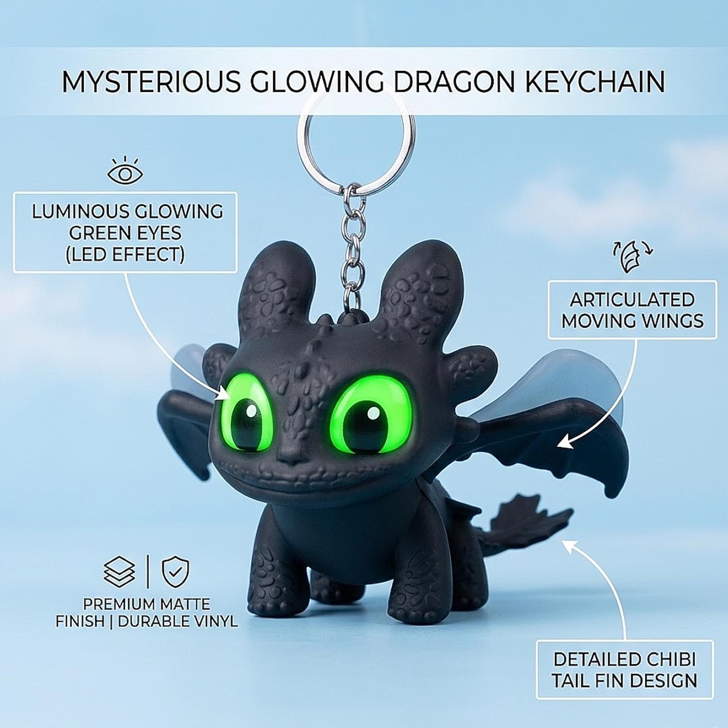 REDITEX Dragon Keychain Toy with LED Light & Moving Wings, Night Fury Glowing Dragon Keychain | Mini Fantasy Figure Creature Charm for Car Dashboard, Bike Keys, Backpack Bag Accessory & Kids Gift 3