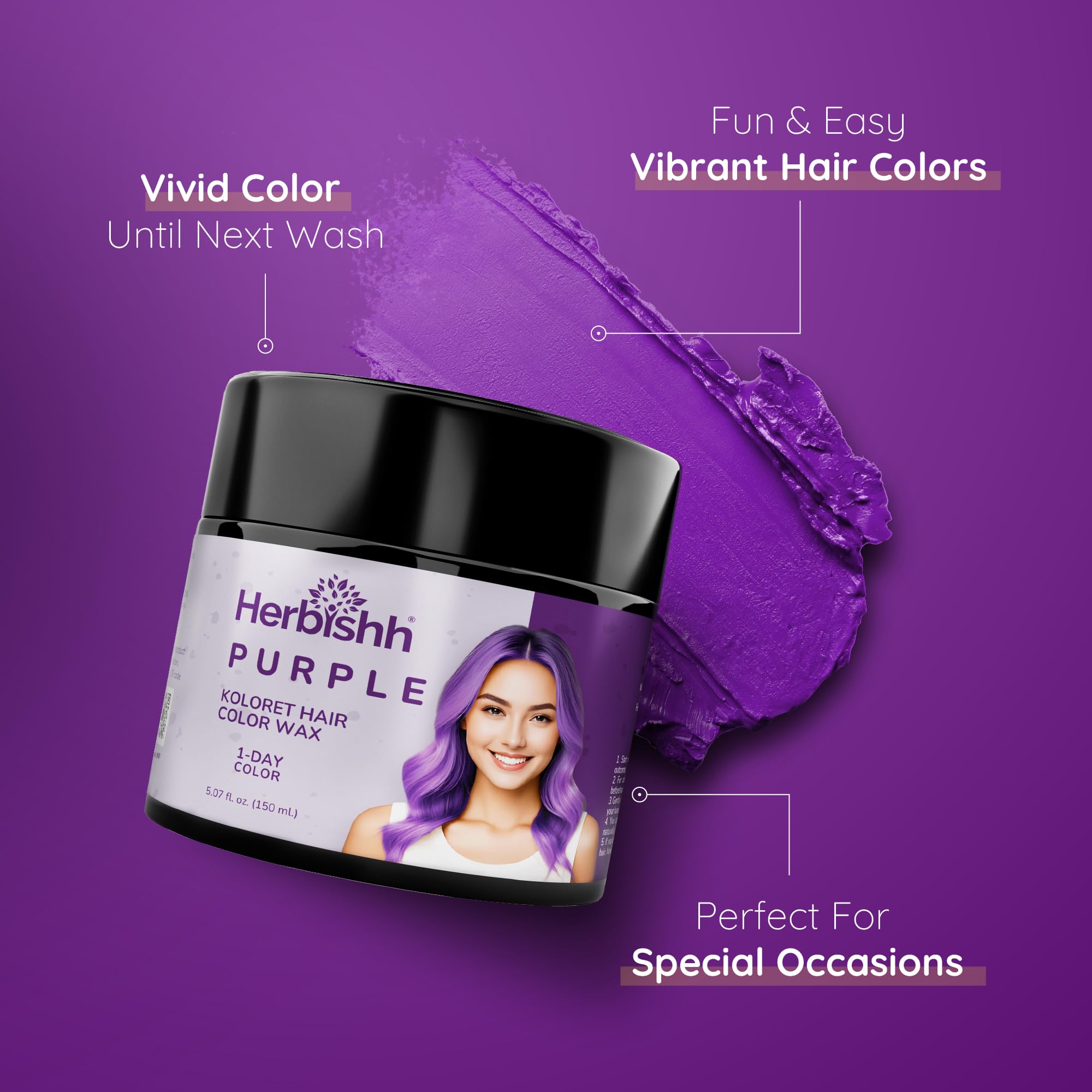 Herbishh Koloret Temporary Hair Color Wax - Purple Washable Hair Paint - Vegan & DIY for Kids, Men & Women - 5.07 fl oz