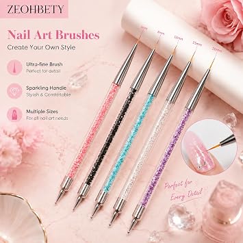 Nail Art Brushes, 5Pcs Nail Art Liner Brushes, Dotting Pen Tools, Nail Art Design Brush Set for Long Lines, Thin Details, Fine Drawing, Sizes 5/8/12/15/20mm