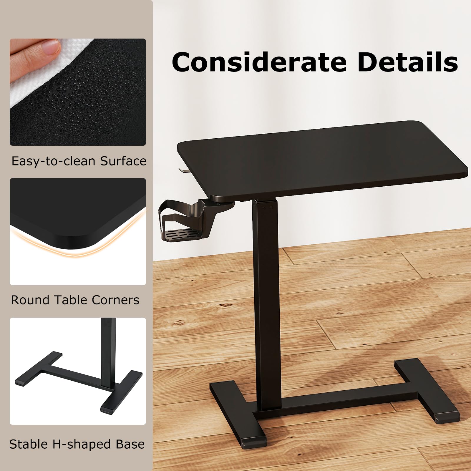 LIFEZEAL Tavolino da Divano a Forma di C, Altezza Regolabile, Tavolino Laterale per Letto, con Ruote Nascoste, Portabicchiere, Ganci Cuffie, Porta Laptop, PC, Serviletto, Soggiorno, Salotto (nero)
