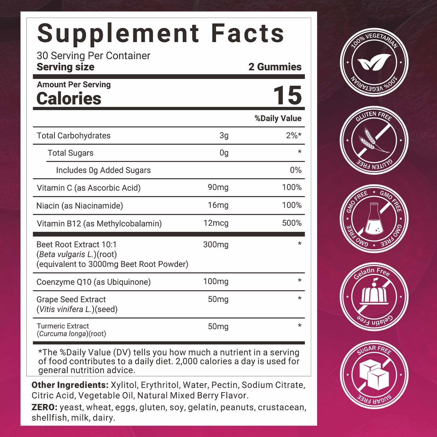 Beet Root Gummies, Nitric Oxide Supplements for Men & Women with COQ10, Turmeric Extract, Vitamin C & B12, Vegan, Non-GMO, Sugar Free, 120 Cts - Image 2