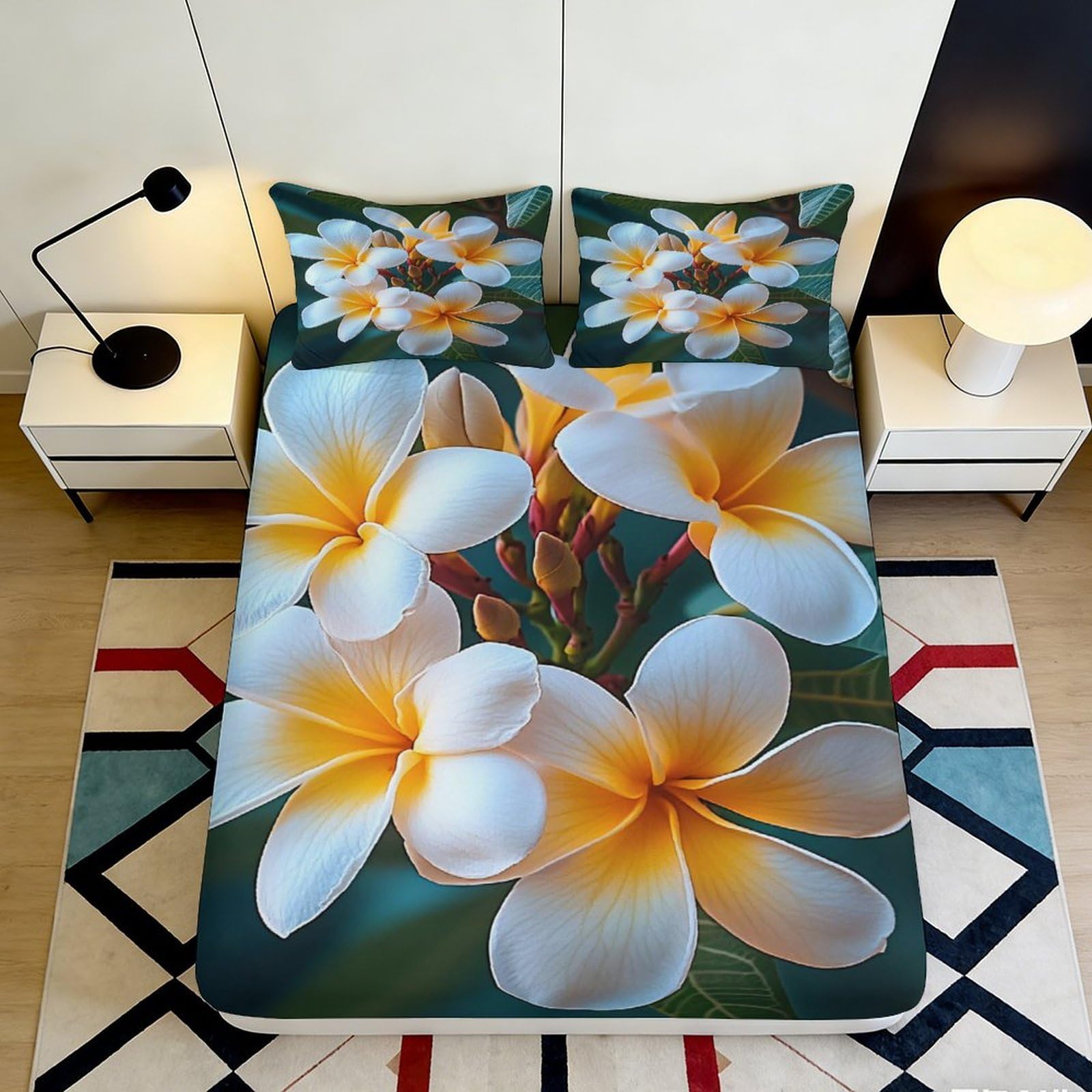3D Printed Plumeria Fitted Sheet Microfiber Washable Bedding Set Plumeria Mattress Fitted Cover Deep Pocket Non-Slip 200x200x25cm