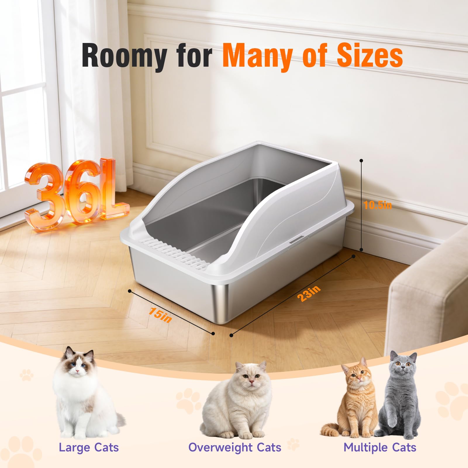 2PACK Stainless Steel Litter Box, Extra Large XL Odor Free Metal Litter Box with High Sides, Open Top Litter Pan Include Scoop Easy Cleaning Anti-Scratch Kitty Cat Box Anti-Urine Leakage, Non-Sticky - image 2