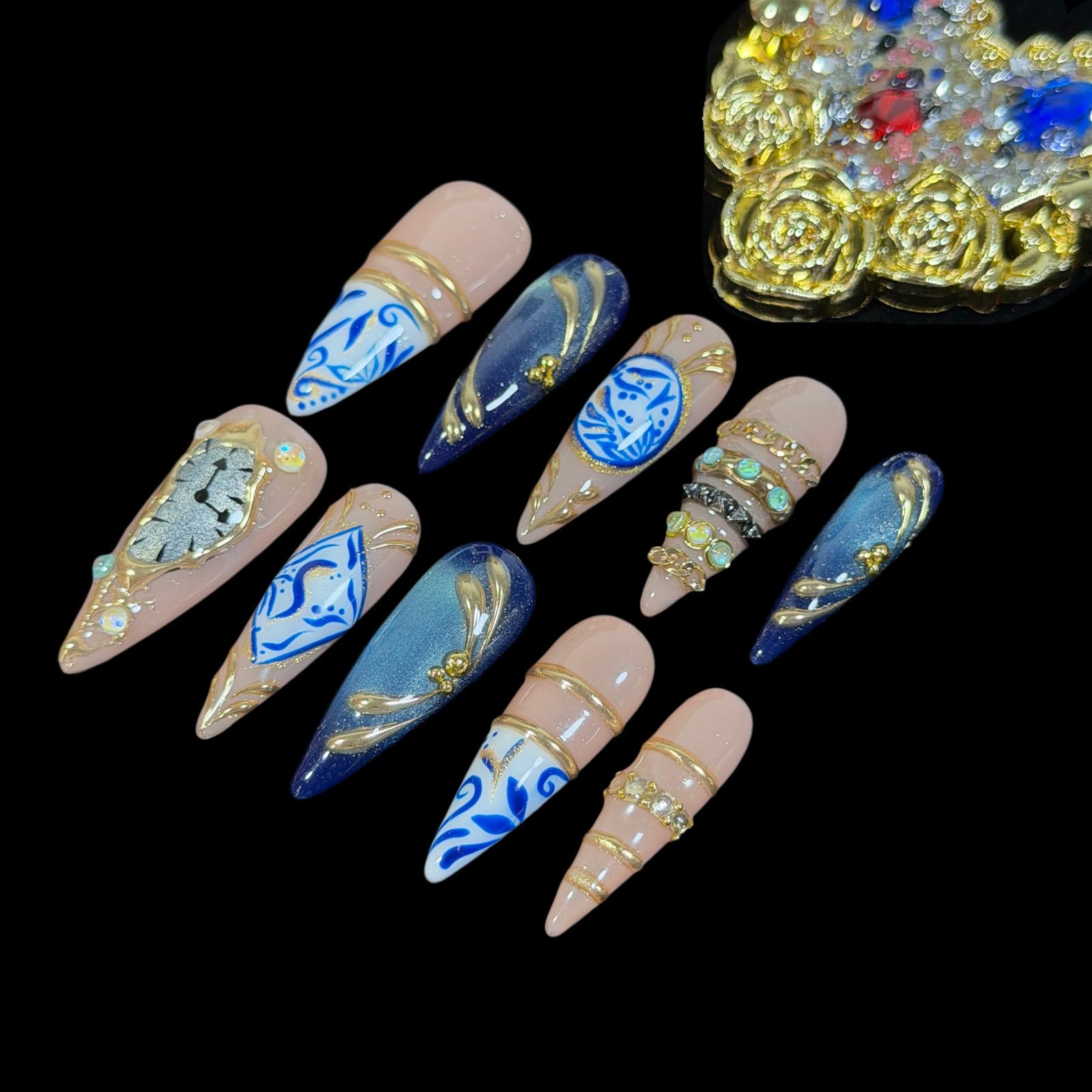 Anello per unghie fatto a mano, ispirato al blu navy (M)