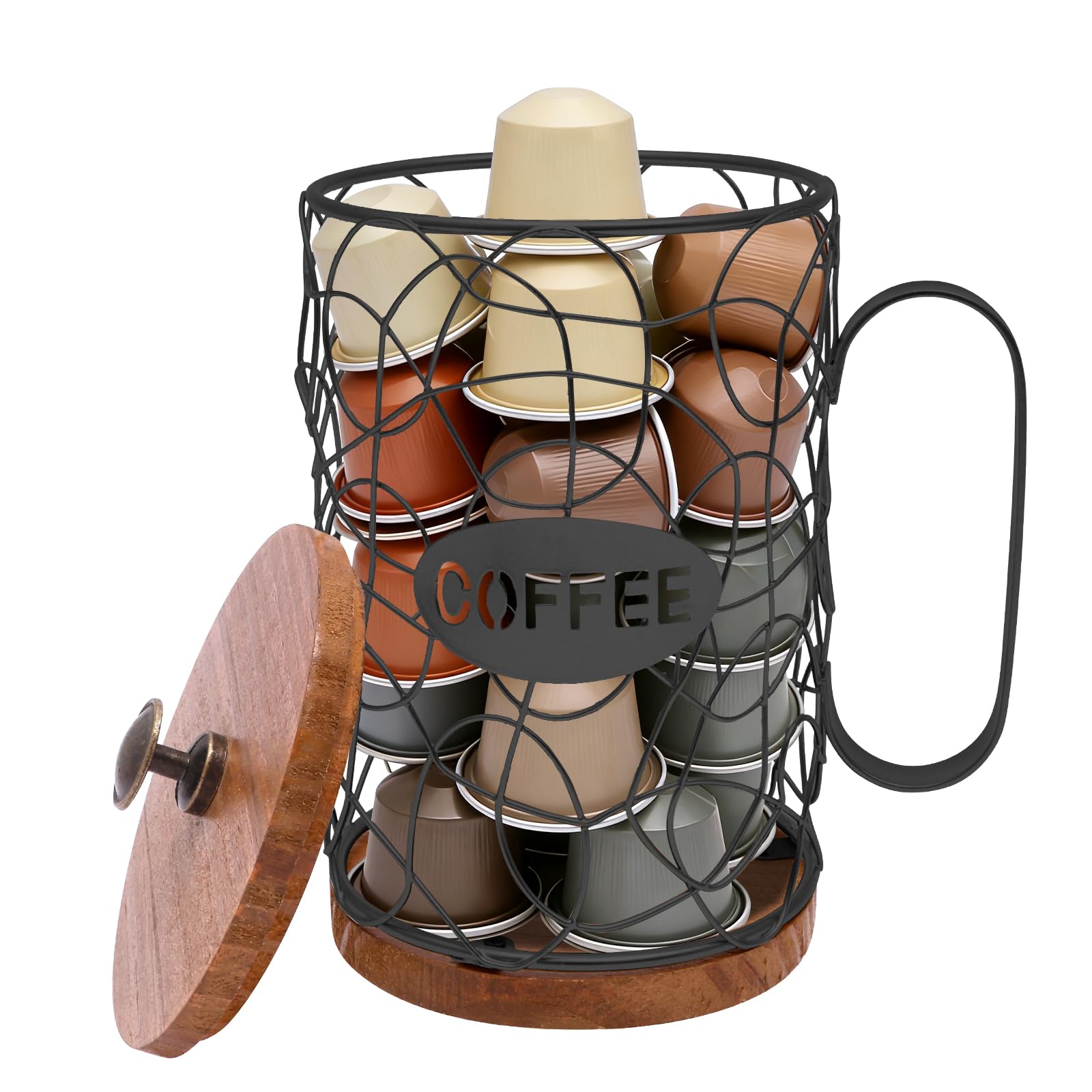 Zhjiutak Black-1 Lid Coffee Pod Holders For Counter,Espresso Capsule Storage Basket For 50 Capsule Storage Organizer For Home Kitchen Office Counter,Round Coffee Basket Decor(Black-1 Lid)