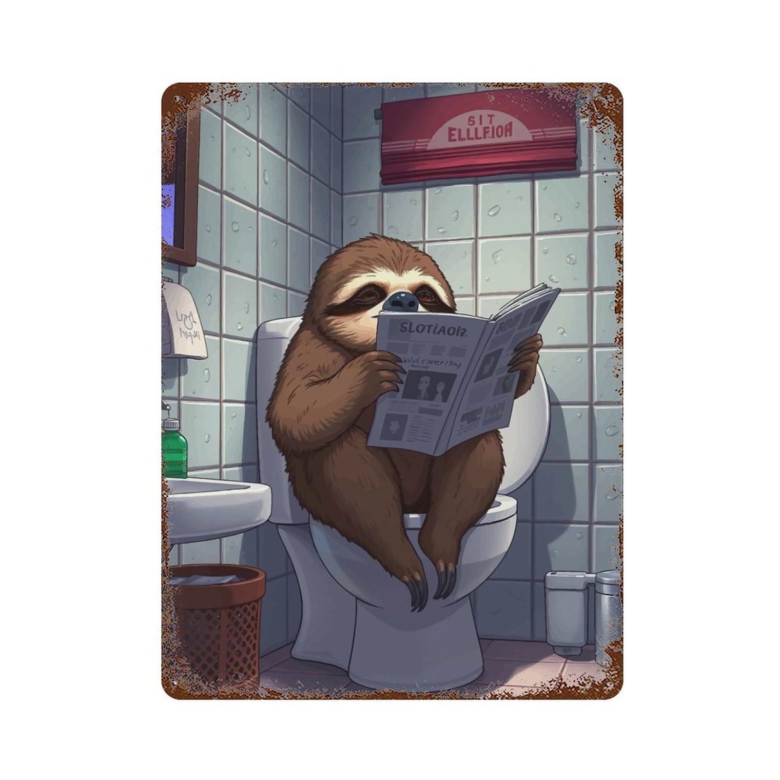 Sloth Reading on Toilet Decorative Tin Sign 15.7"x11.8", for Bistro, Counter And Cafe Decor, Classic Wall Plaque
