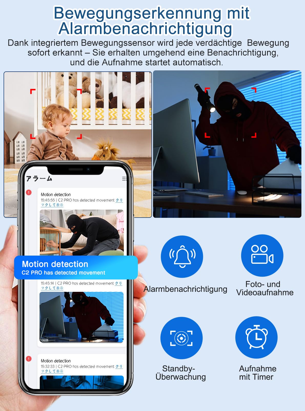 QZT Cámara de vigilancia WiFi 1080P Full HD con aplicación, visión nocturna, detección de movimiento, grabación en bucle, vídeo en vivo, inalámbrico, cámara interior y exterior, ideal para casa