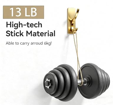 pickpiff Brushed Gold Self Adhesive Coat Hooks for Hanging: 13LB Extra Strong Stainless Wall Hook for Towel, Utensil, Backpack, Hat, Sturdy Metal Hanger for Bathroom, Kitchen, Door, 6-Pack