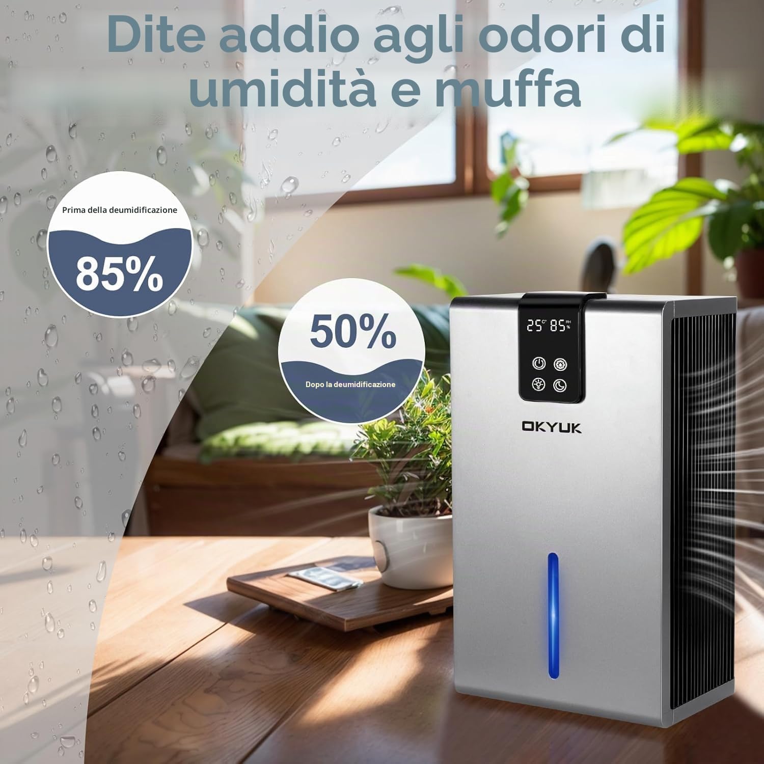 Deumidificatore, 2800 ml, deumidificatore elettrico per casa con spegnimento automatico, luce LED a 7 colori, ideale per camper, bagno, camera da letto, cantina