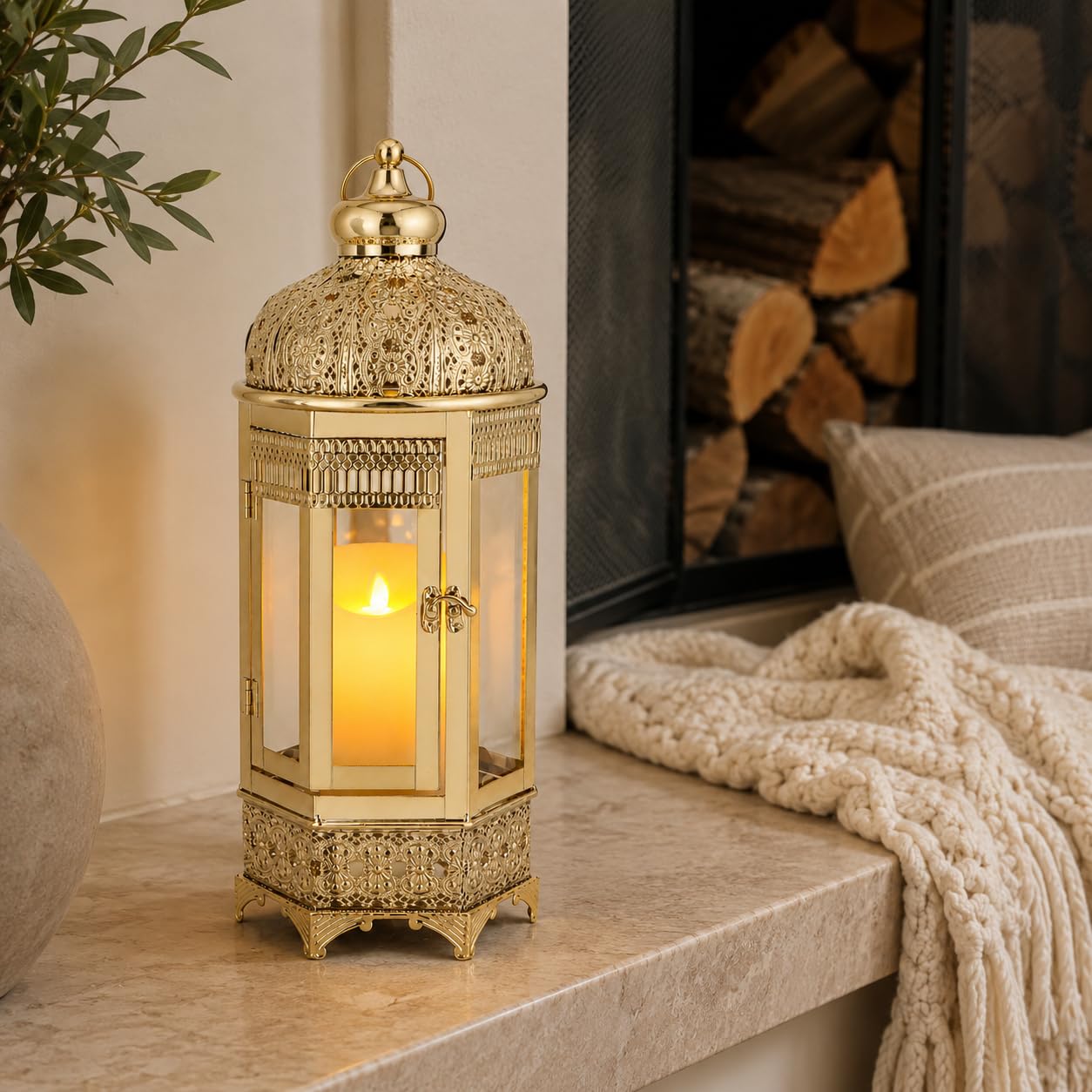 TRIROCKS Marokkanische Kerzenlaterne 41cm hoch Gold Kerzenständer mit gehärtetem Glas Dekorative Indoor Outdoor Ramadan Laterne für Wohnzimmer Garten Hof Partys (Gold)