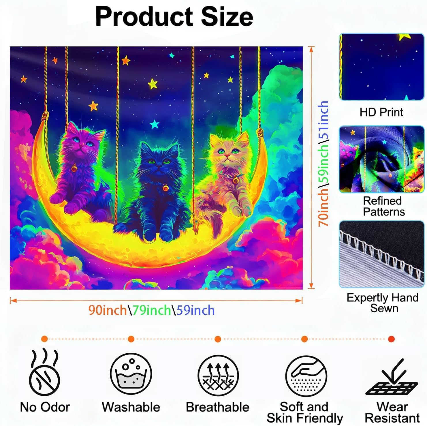 seewan Black Light Psychedelic Cat Tapestry, Glow-in-the-Dark UV Neon Multicolor Cat Tapestry, Psychedelic Multicolor Animal Art Tapestry, Bedroom Dorm Living Room Background Decor