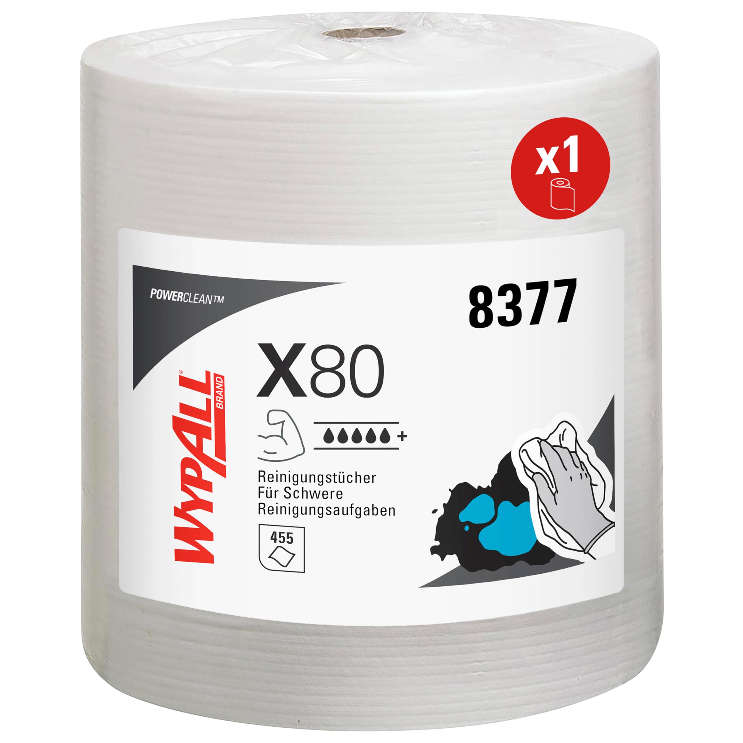 WypAll X80 Power Clean Tücher, 1-lagige, industrielle Reinigungstücher mit Hydroknit-Technologie, wiederverwendbar, auf rauen Oberflächen geeignet, 1 Großrolle x 455 Wischtücher, Artikel-Nr. 8377