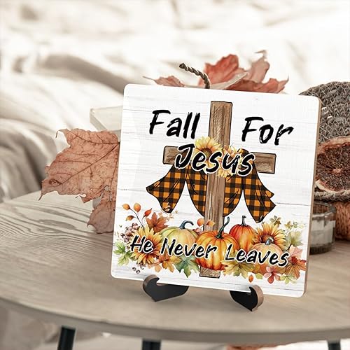 Miniatura 5 de Letrero de escritorio cristiano de otoño, con texto en inglés "Fall For Jesus He Never Leaves", letrero de madera con soporte, regalos de Acción de