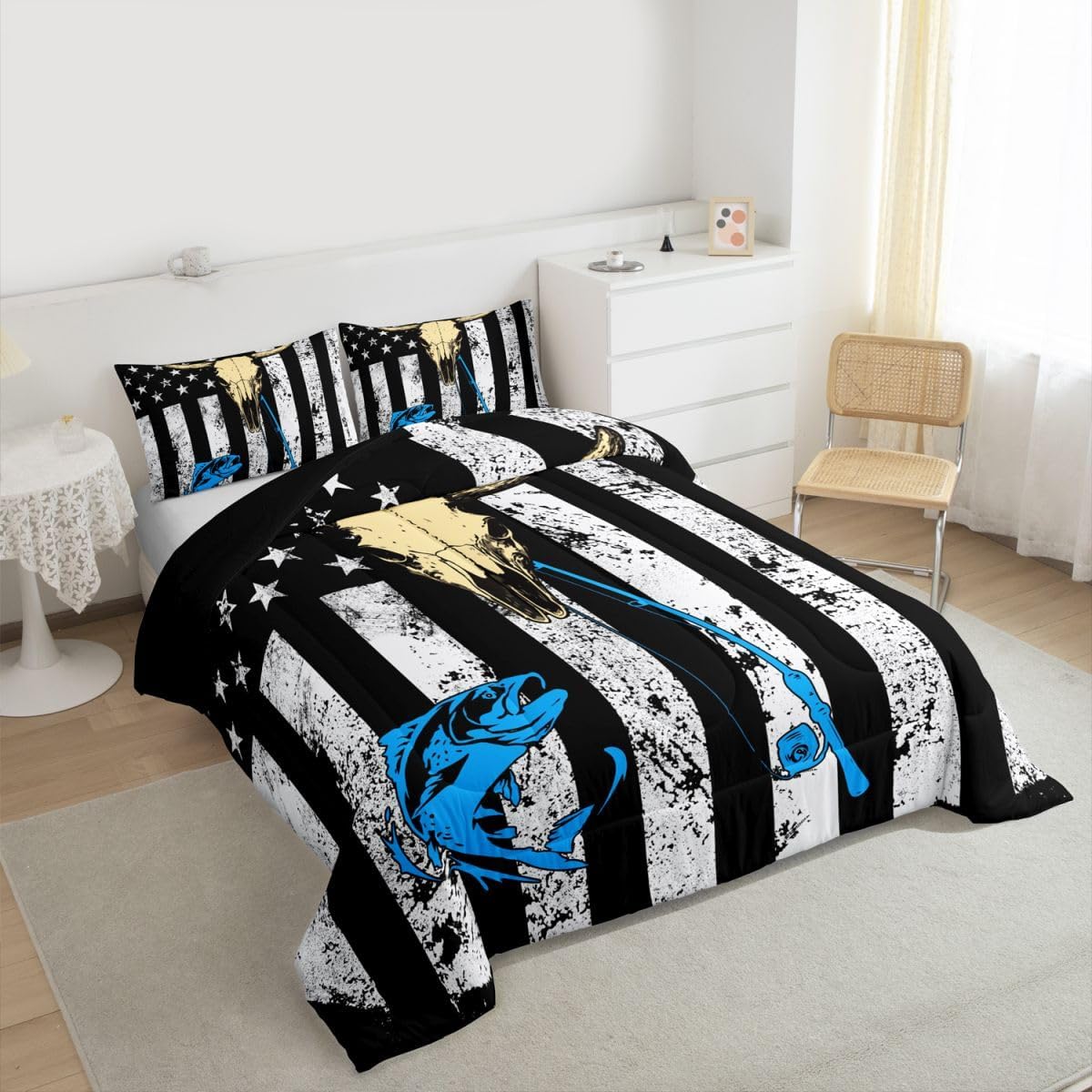 Erosebridal American Flag Comforter Set Queen, Hunting Fishing Bedding Sets Cow Skull Duvet Sets Fishing Rod United States Geometric Stripes Down Comforter for Kids Teens Adult Bedroom, Black White