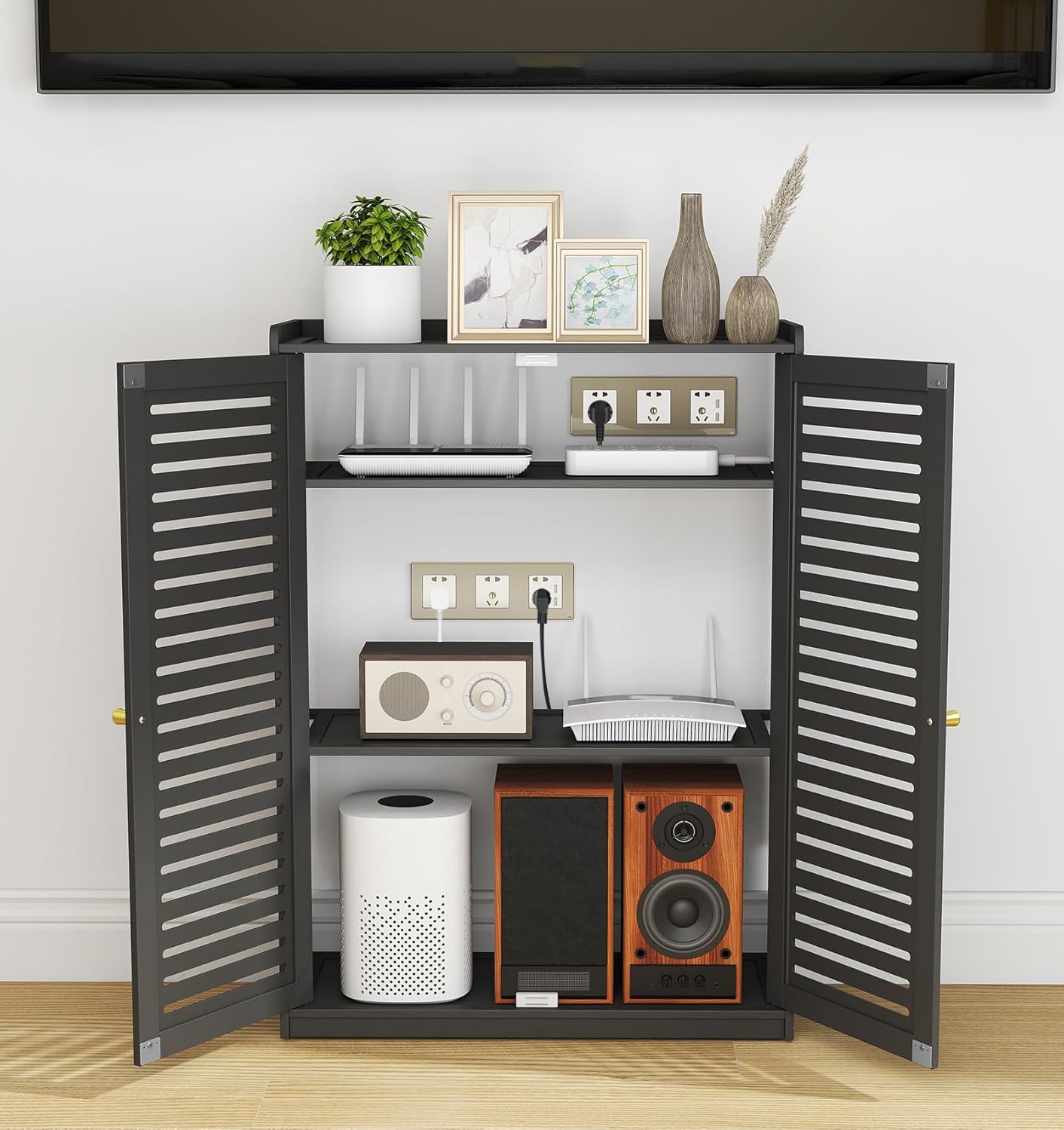 WiFi Router Storage Cabinet, Multi-Functional Router Storage Box, Double Deck Floor Standing Modem Cabinet, Bamboo Router and Modem Storage Box for Living Room, Office