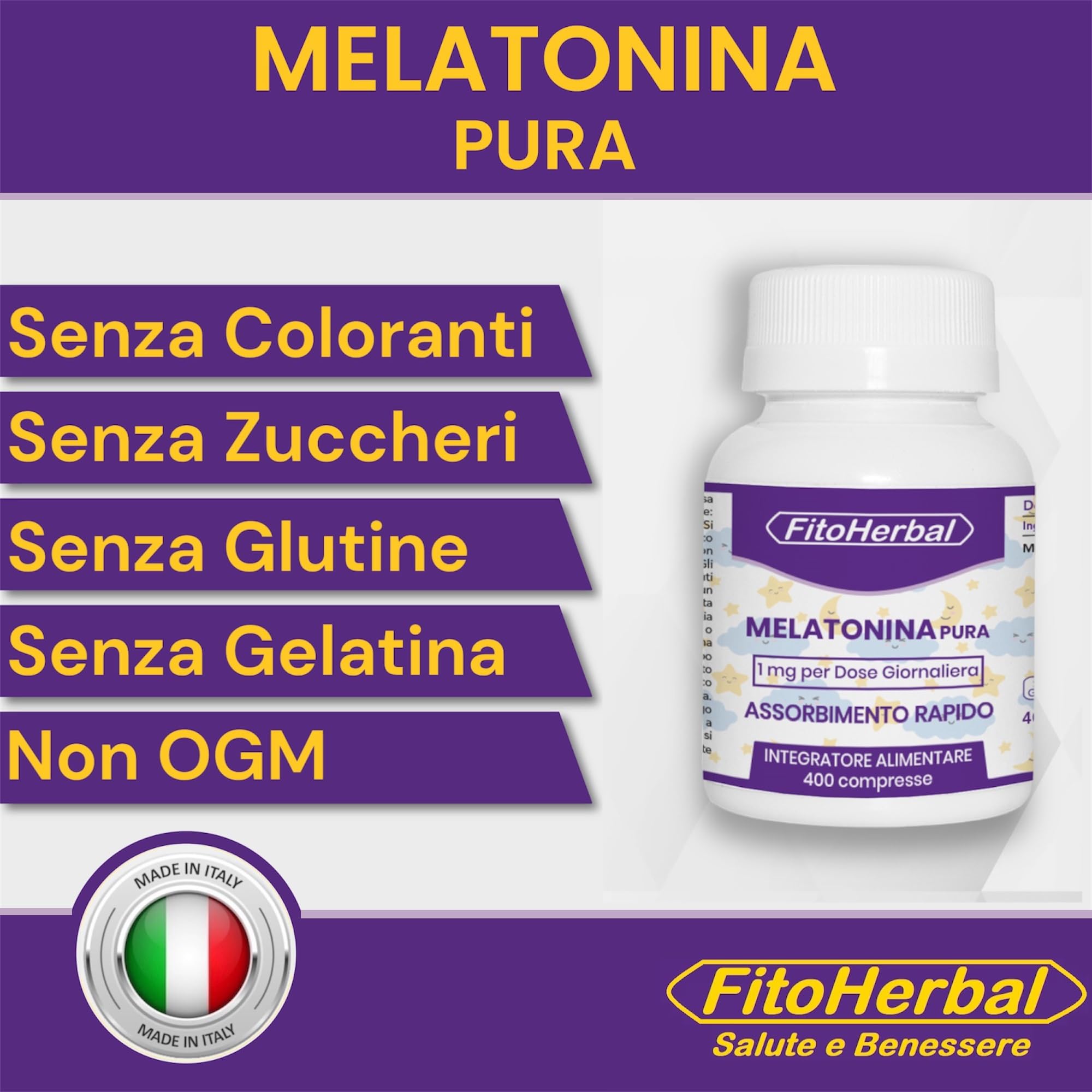 FitoHerbal Melatonina Pura Forte 1 mg 400 Mini Compresse Integratore per Dormire Sonno Naturale