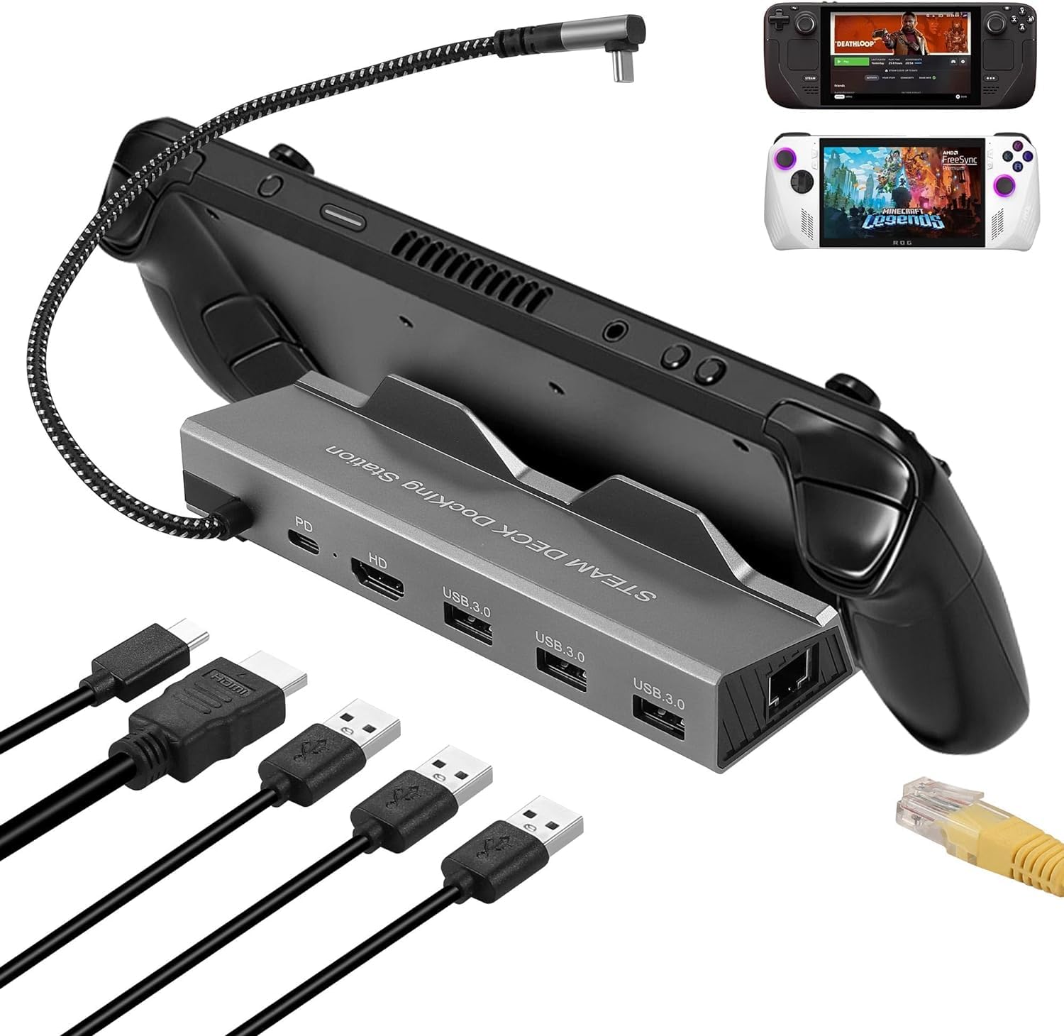 Station d'accueil pour Steam Deck ROG Ally, 6 en 1 Steam Deck Dock avec HDMI 2.0 4K @ 60Hz, Gigabit Ethernet 1000 Mbps, 3 USB-A 3.0 et 100 W Full Speed Charging USB-C Port Compatible avec Valve Steam